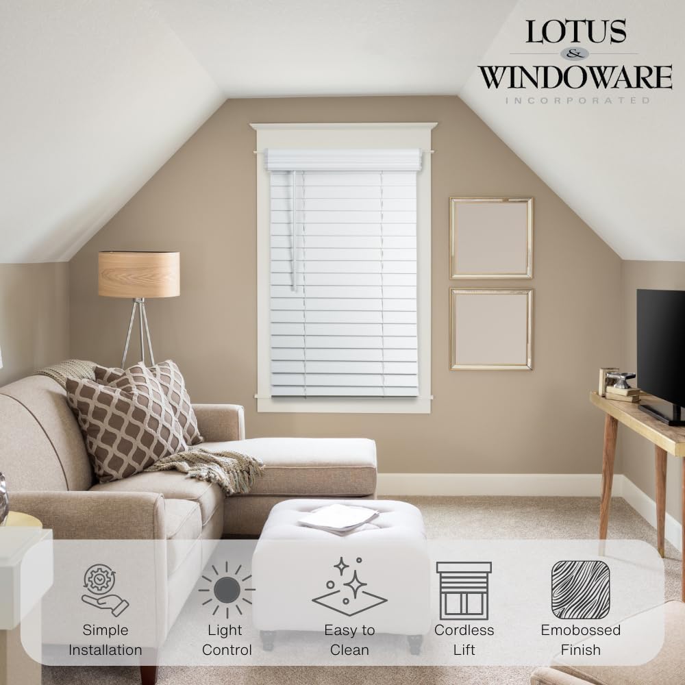 Lotus & Windoware Cordless, 2 Inch Faux Wood Blind, Window Blinds, Blinds & Shades, Blinds for Indoor Windows, Embossed, 83" x 48", Bright White