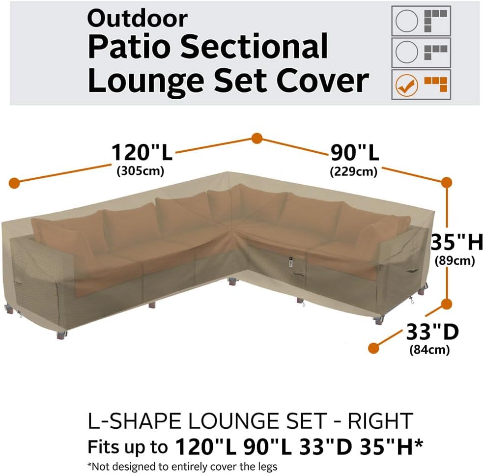 Heavy Duty Outdoor Sectional Sofa Cover, 120"X90" L-Shaped Waterproof 600D Patio Furniture Covers, Lawn Patio Couch Protector(Desert Khaki, L-Shaped-Right Facing-120 x90)