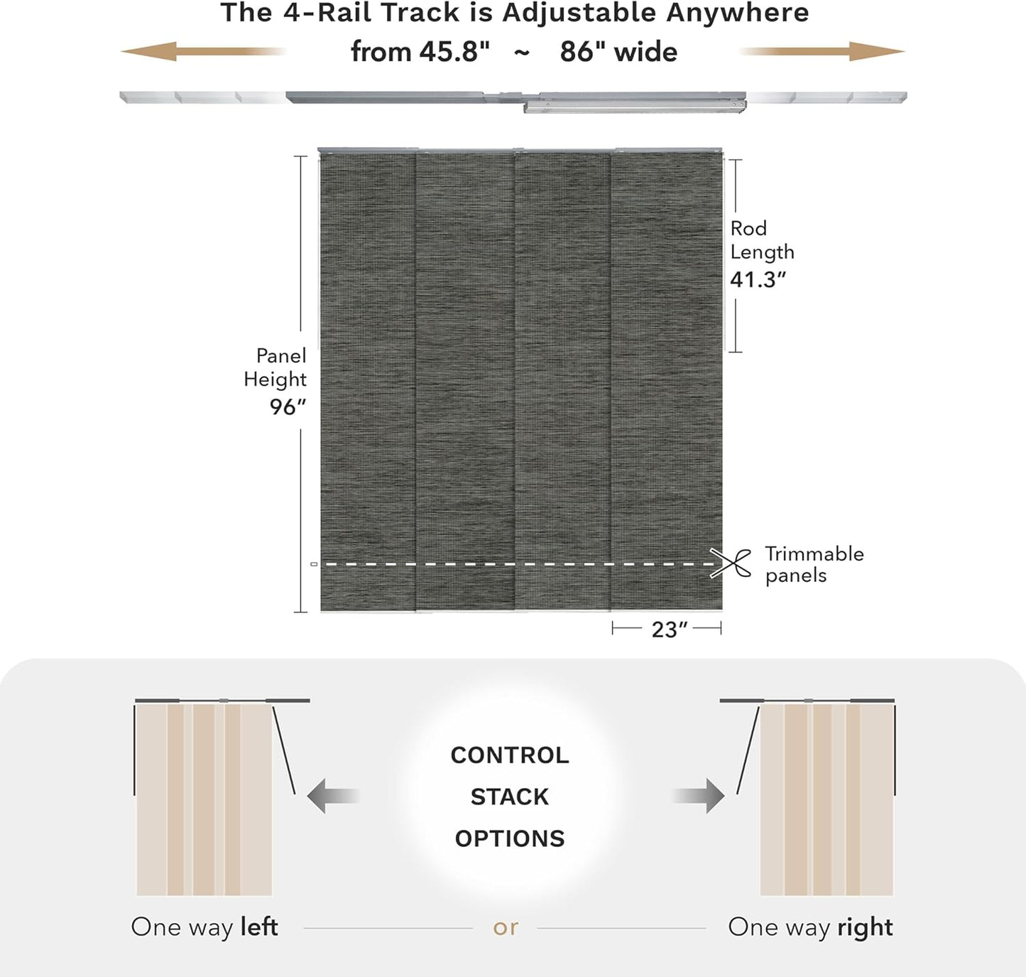 GoDear Design 99.99% Blackout Adjustable Sliding Vertical Blinds for Windows, Privacy Shades for Patio Doors, Extendable Track from 45.8" to 86" W, Trimmable Panel Curtains Up to 96" H, Inky