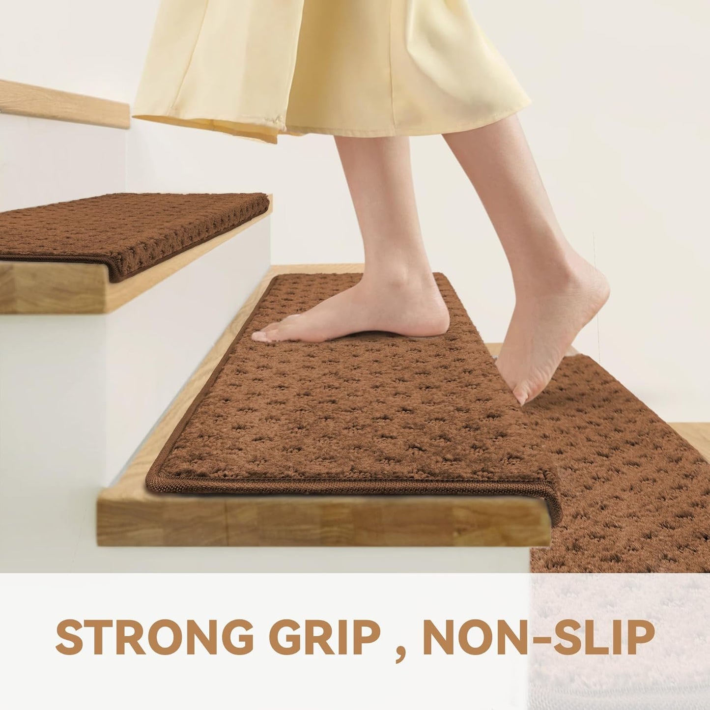 Bullnose Stair Treads Non Slip 9.5" x 32", 14 Pcs Carpet Stair Treads for Wooden Steps Indoor with Edge Protection, Reusable Peel and Stick TPU Backing Stair Runner Rugs - Lattice Pattern Brown