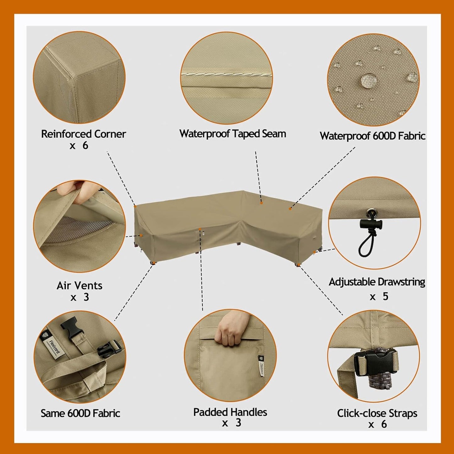 Heavy Duty Outdoor Sectional Sofa Cover, 120"X90" L-Shaped Waterproof 600D Patio Furniture Covers, Lawn Patio Couch Protector(Desert Khaki, L-Shaped-Right Facing-120 x90)