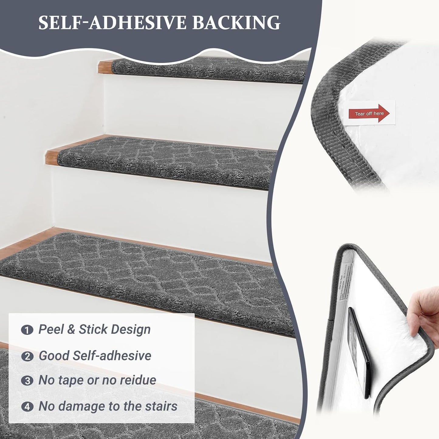 Bullnose Carpet Stair Treads, Stairs Carpet Non Slip 15 Pack, Stair Step Rugs 30"x9.5"x1.2", Soft, Reusable, Peel and Stick Stair Treads for Wooden Steps Indoor (Grey, Diamond Pattern)