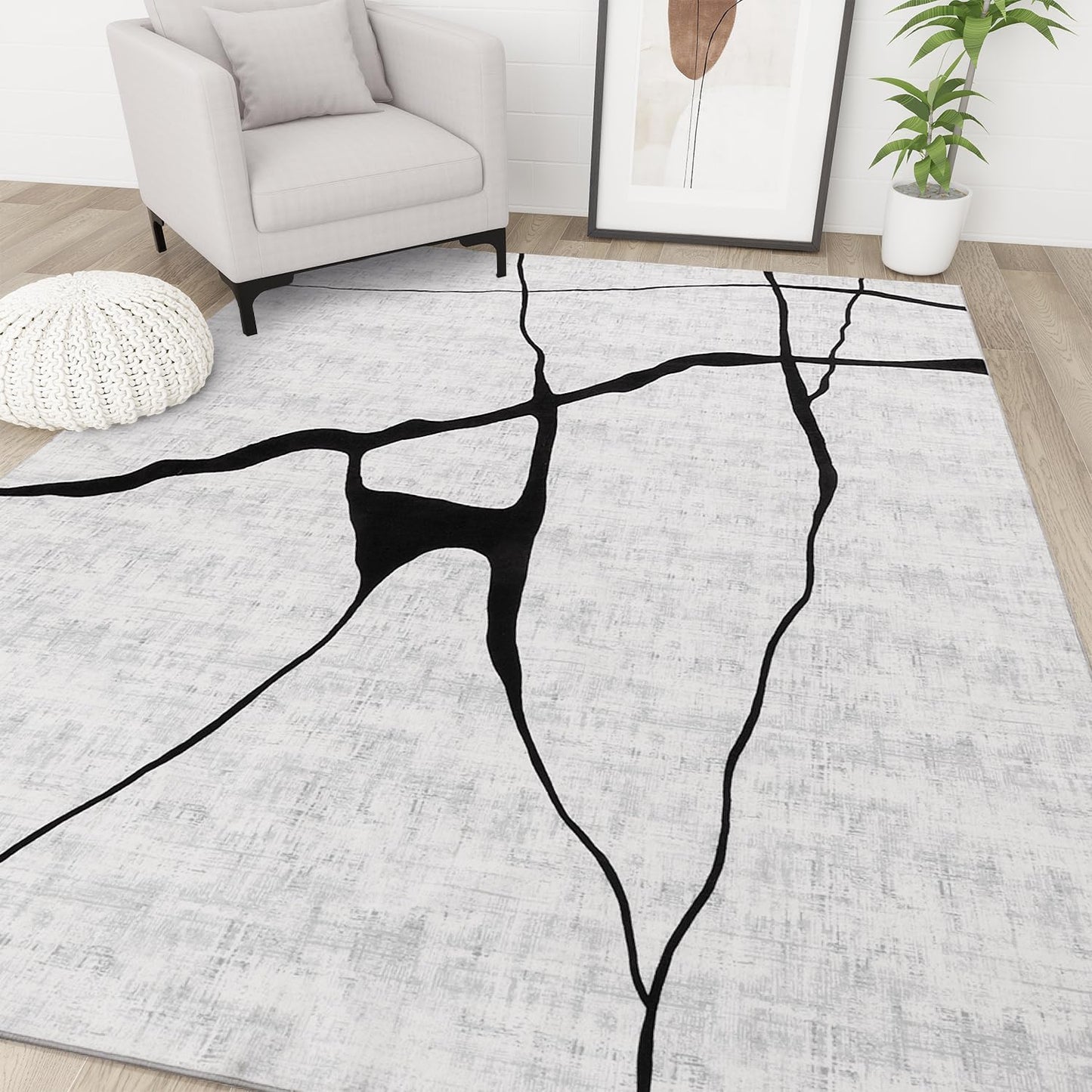 YIHOUSE 9×12 Ft Washable Rug, Black and White Abstract Area Rug for Bedroom, Living Room, Dining Room, Office, Playroom, Nursery, Ultra Thin Nonslip Modern Large Rugs Soft Contemporary Striped Rugs
