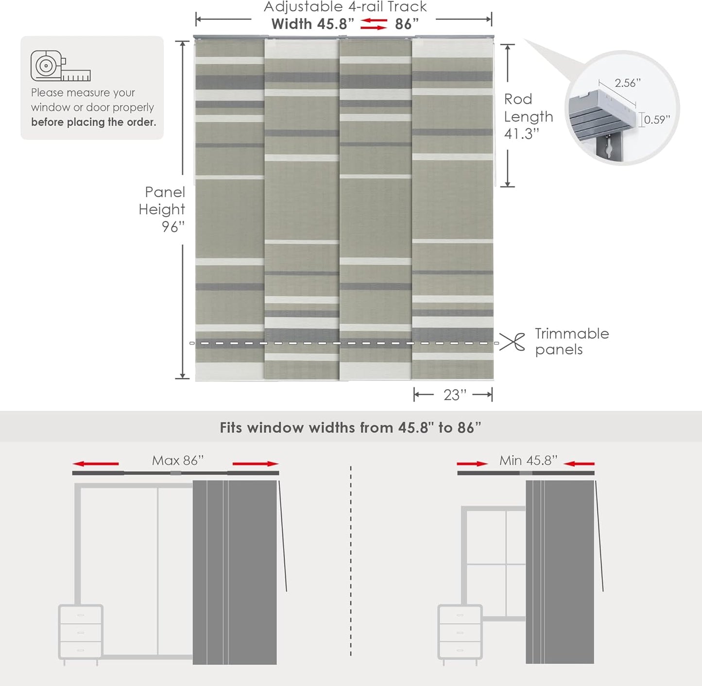 GoDear Design Adjustable Sliding Panel Track Blinds for Doors 45.8"- 86" W x 96" H, Extendable Vertical Blinds for Sliding Glass Doors, Trimmable Natural Woven Fabric Vertical Shades, Dusty Miller