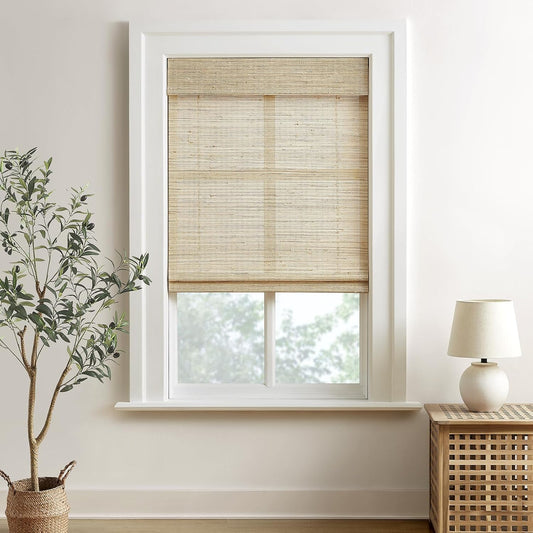 HOMEIDEAS 100% Natural Cordless Ramie Roman Shades Sun Light Filtering Window Treatment Privacy Protection Easy to Install Blinds Shades for Kitchen Indoor Windows, 1 Piece, W34 X L60, Beige