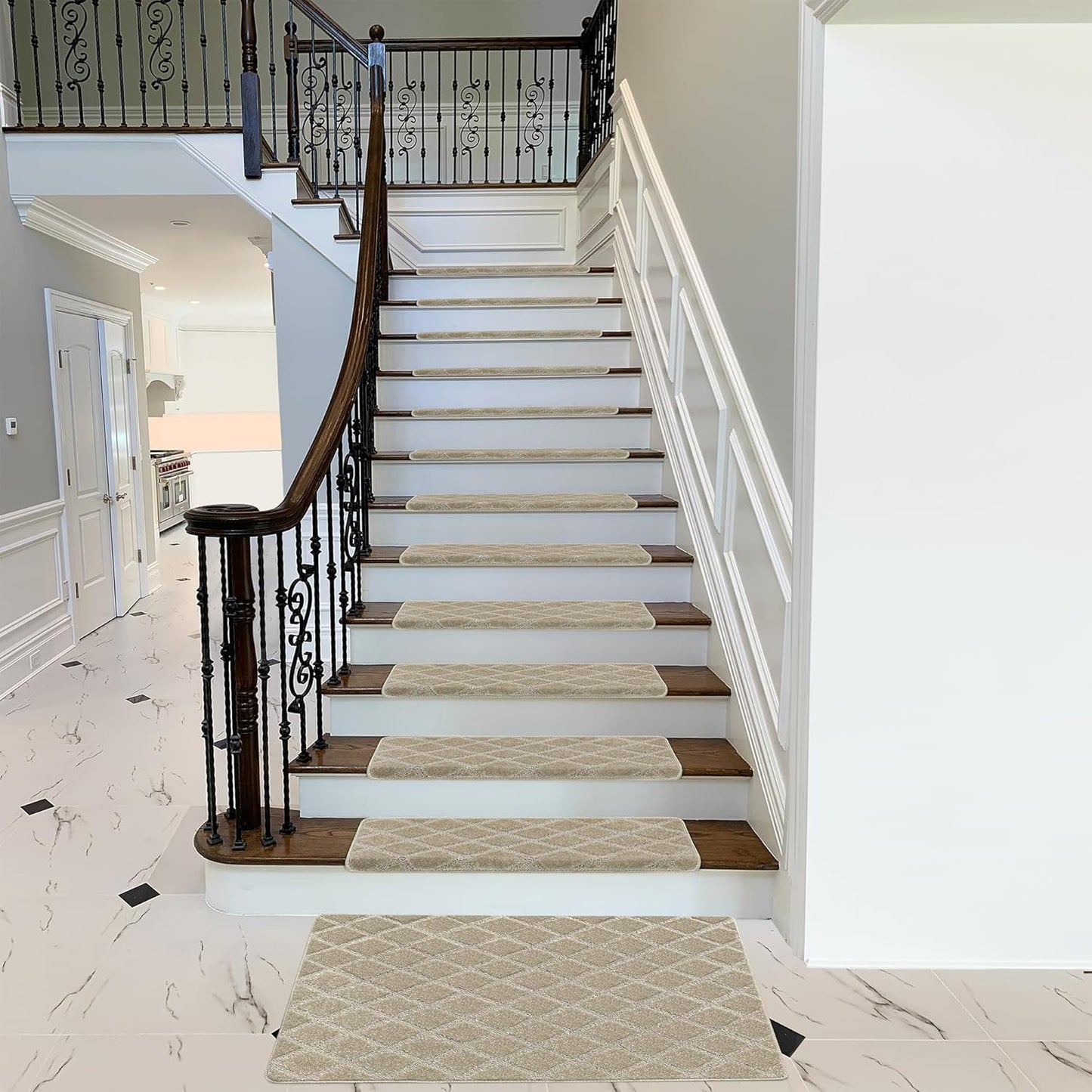 PURE ERA Bullnose Carpet Stair Treads Tape Free Non-Slip Indoor Stair Protectors Pet Friendly Stair Treads for Wooden Steps 9.5" x 30"(14 Pieces, Cream Gray Diamond Trellis)