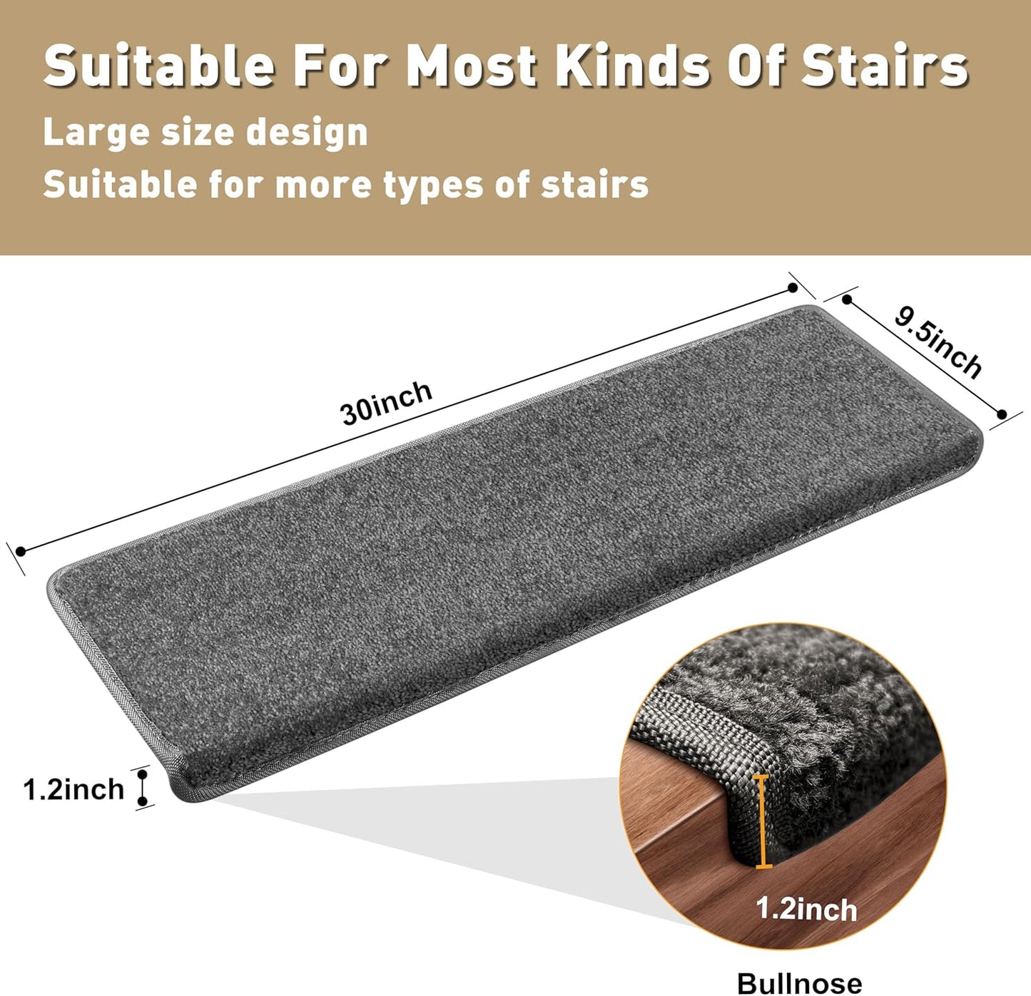 PURE ERA Bullnose Carpet Stair Treads Set Tape Free Non-Slip Indoor Stair Protectors Pet Friendly Rugs Covers Soft Skid Resistant Washable Reusable 9.5" x 30"(14 Pieces,Dark Gray)