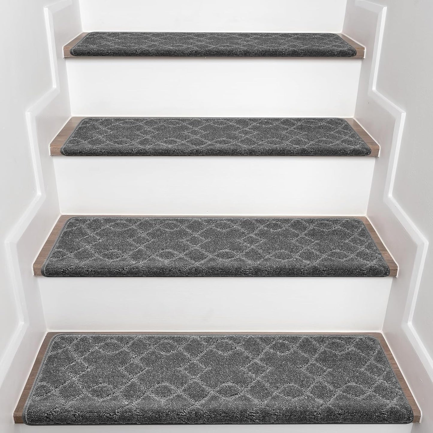 Bullnose Carpet Stair Treads, Stairs Carpet Non Slip 15 Pack, Stair Step Rugs 30"x9.5"x1.2", Soft, Reusable, Peel and Stick Stair Treads for Wooden Steps Indoor (Grey, Diamond Pattern)