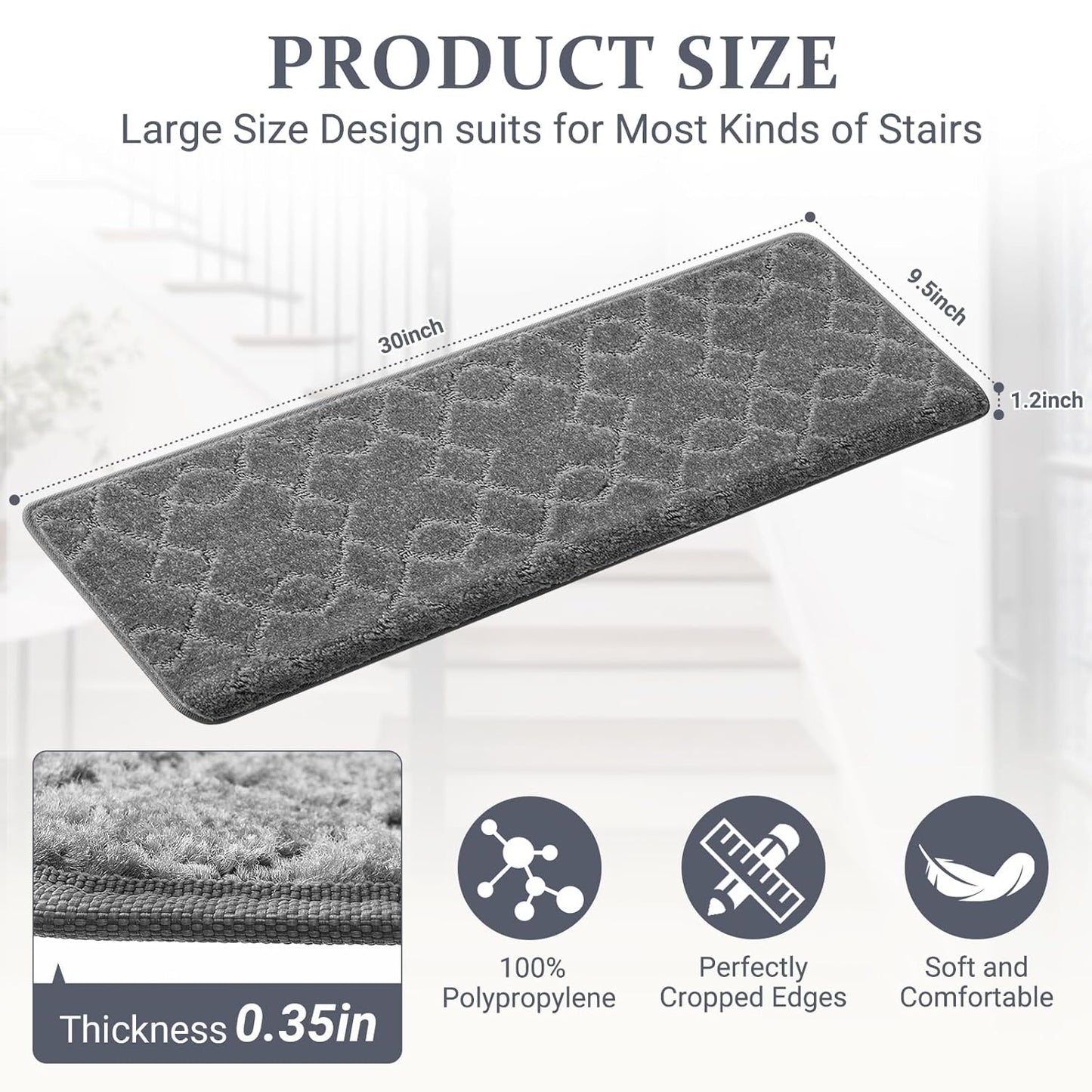 Bullnose Carpet Stair Treads, Stairs Carpet Non Slip 15 Pack, Stair Step Rugs 30"x9.5"x1.2", Soft, Reusable, Peel and Stick Stair Treads for Wooden Steps Indoor (Grey, Diamond Pattern)