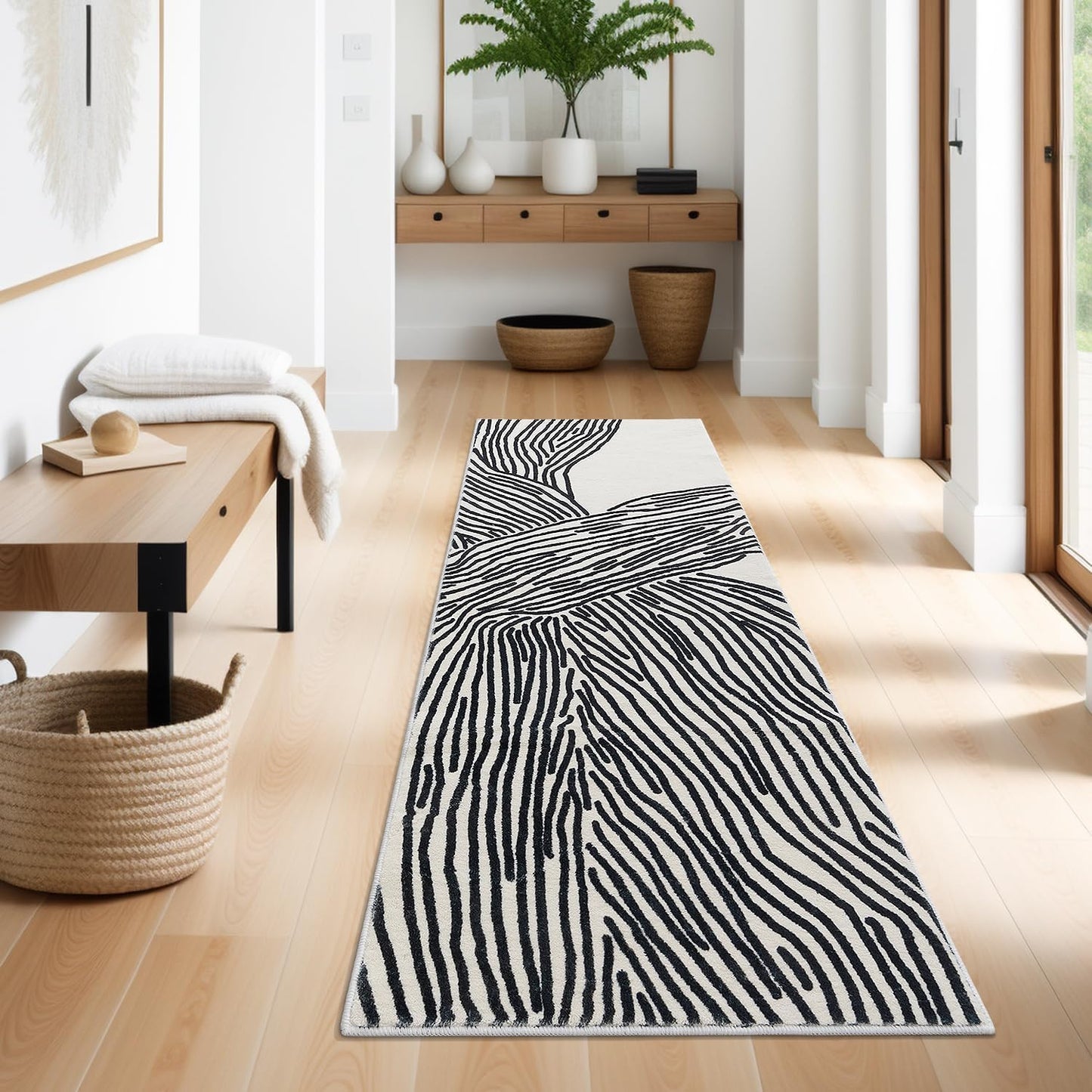 YIHOUSE 9×12 Ft Washable Rug, Black and White Abstract Area Rug for Bedroom, Living Room, Dining Room, Office, Playroom, Nursery, Ultra Thin Nonslip Modern Large Rugs Soft Contemporary Striped Rugs