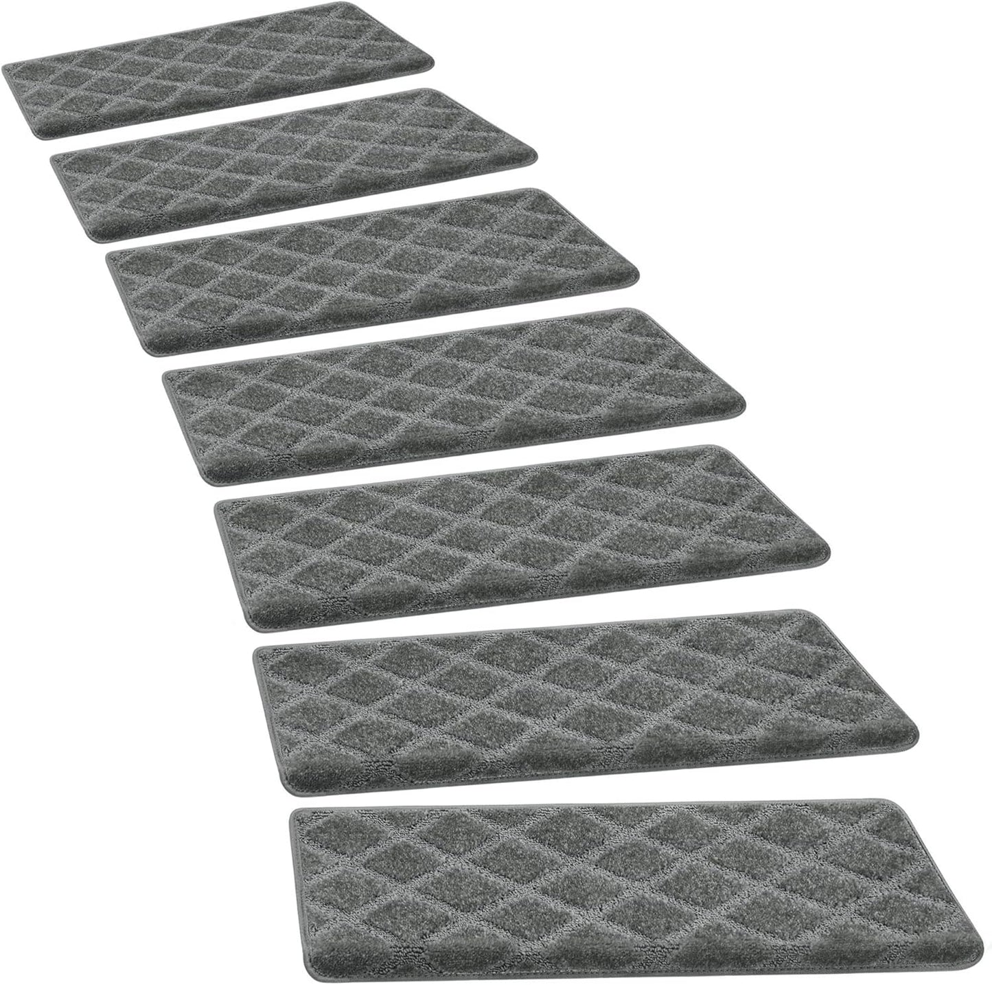 PURE ERA Bullnose Carpet Stair Treads Tape Free Non-Slip Indoor Stair Protectors Pet Friendly Stair Treads for Wooden Steps 9.5" x 30"(14 Pieces, Cream Gray Diamond Trellis)