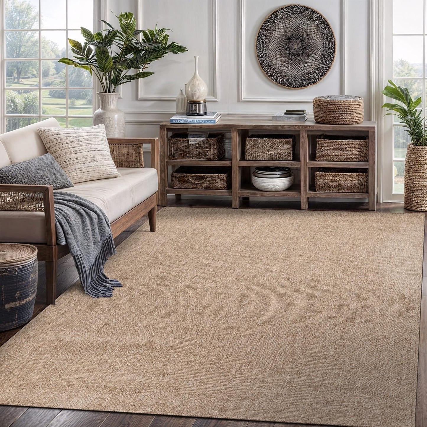 CAMILSON Easy Jute Rug 10x14, Indoor Outdoor Natural Color Fiber Area Rugs for Living Room Patio and Kitchen Rug Herringbone Woven Design Easy-Cleaning Washable Outside Carpet Alfombras 10 x 14