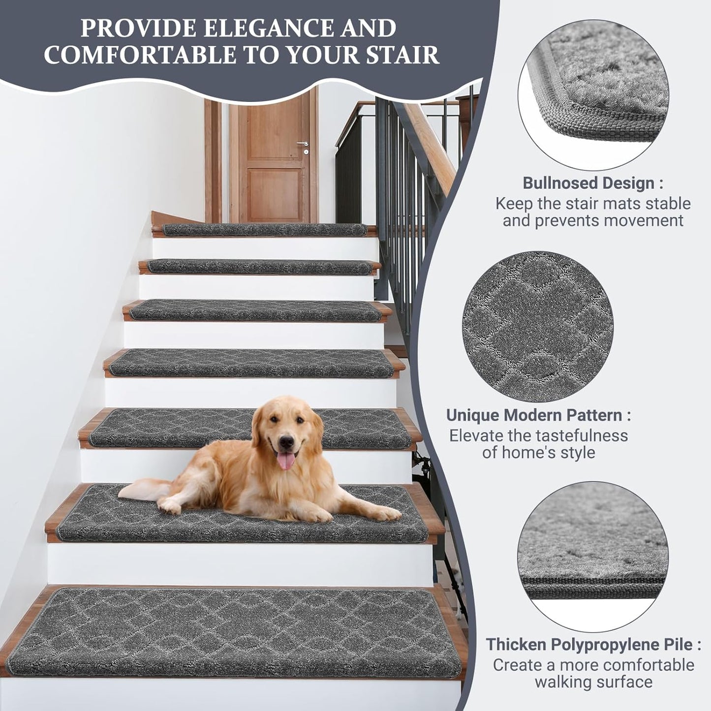 Bullnose Carpet Stair Treads, Stairs Carpet Non Slip 15 Pack, Stair Step Rugs 30"x9.5"x1.2", Soft, Reusable, Peel and Stick Stair Treads for Wooden Steps Indoor (Grey, Diamond Pattern)