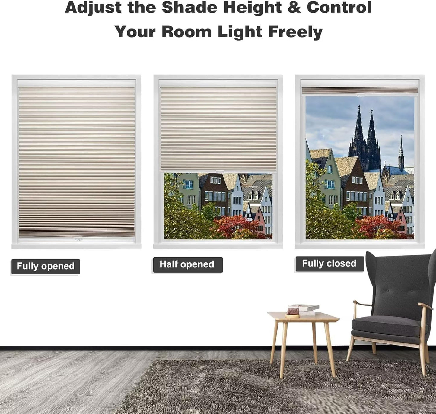 MYshade Blackout Cordless Cellular Shades Honeycomb Shade for Indoor Windows Room Darkening Blinds for Home Office Pull Down Window Shades Easy to Install 72 inch Wide, H72 Beige Pleated Shade