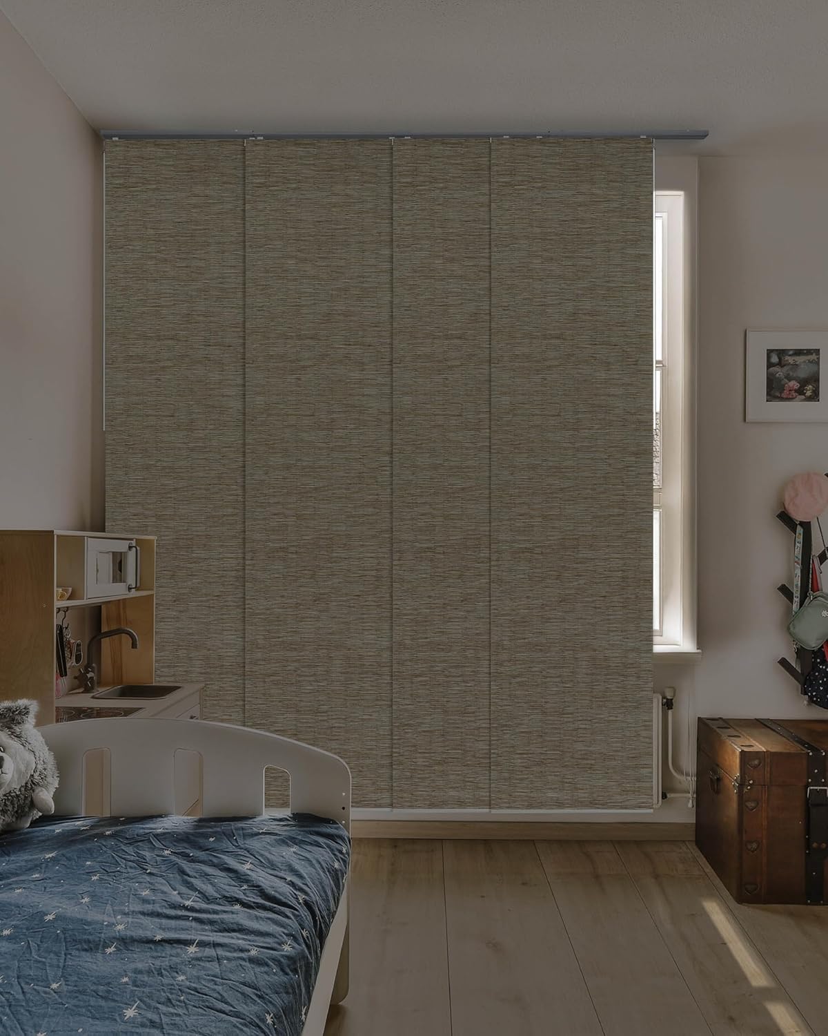 GoDear Design 99.99% Blackout Adjustable Sliding Vertical Blinds for Windows, Privacy Shades for Patio Doors, Extendable Track from 45.8" to 86" W, Trimmable Panel Curtains Up to 96" H, Inky