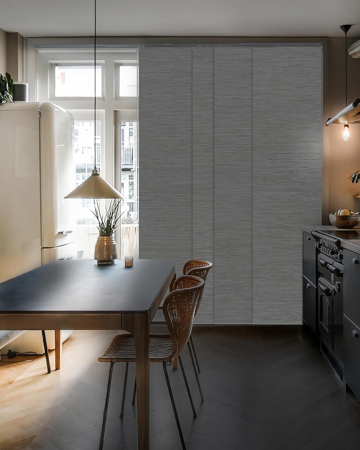 GoDear Design 99.99% Blackout Adjustable Sliding Vertical Blinds for Windows, Privacy Shades for Patio Doors, Extendable Track from 45.8" to 86" W, Trimmable Panel Curtains Up to 96" H, Inky