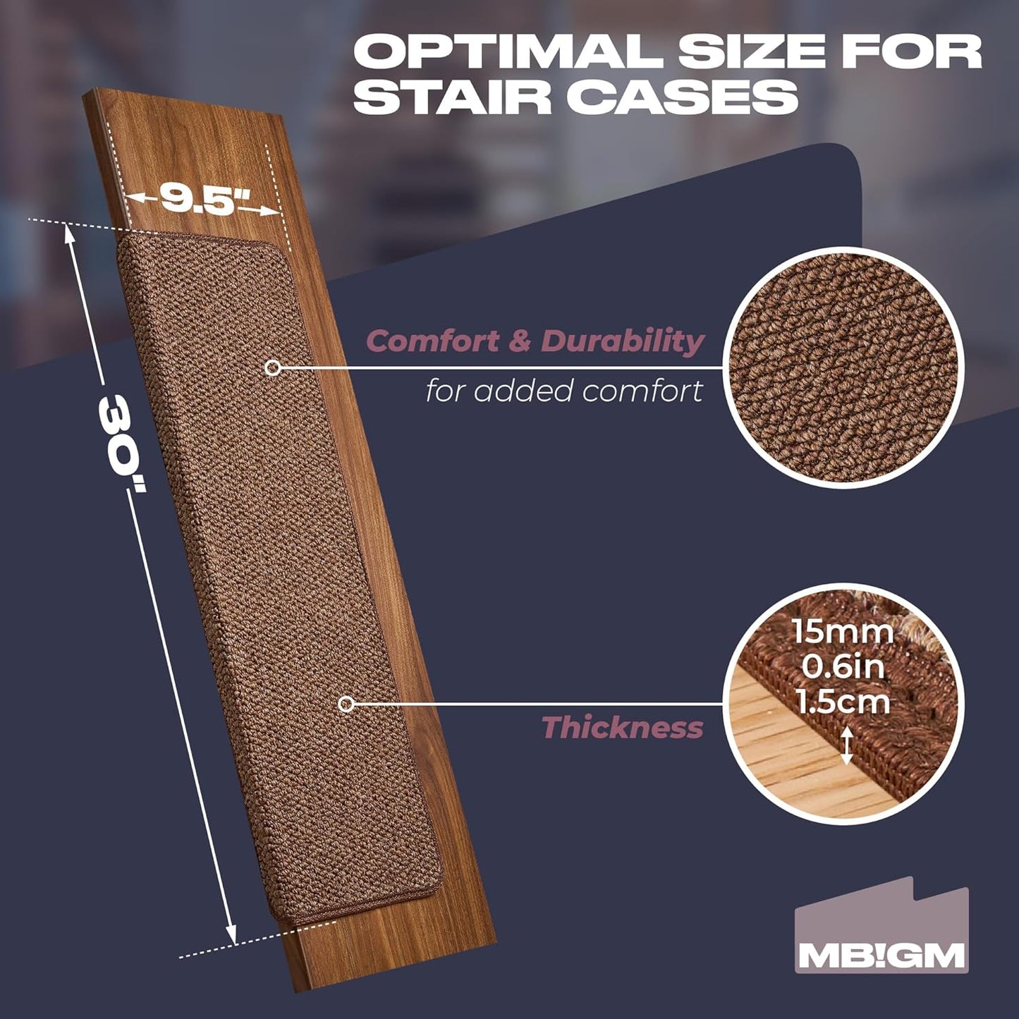MBIGM Bullnose Non-Slip Stair Treads w/Reusable Adhesive 14 Pack 9.5" x 30" Wooden Steps Protection - TPU Backing with Steel Reinforcement - Anti-Slip Solution Knitted Brown Non Slip Stair Tread