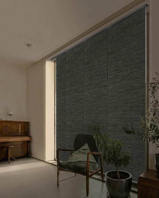 GoDear Design 99.99% Blackout Adjustable Sliding Vertical Blinds for Windows, Privacy Shades for Patio Doors, Extendable Track from 45.8" to 86" W, Trimmable Panel Curtains Up to 96" H, Inky