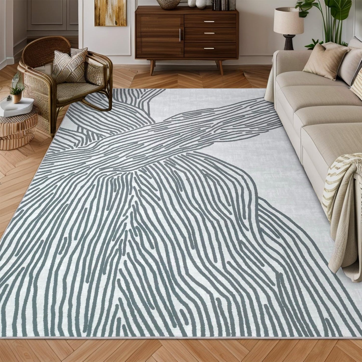 YIHOUSE 9×12 Ft Washable Rug, Black and White Abstract Area Rug for Bedroom, Living Room, Dining Room, Office, Playroom, Nursery, Ultra Thin Nonslip Modern Large Rugs Soft Contemporary Striped Rugs