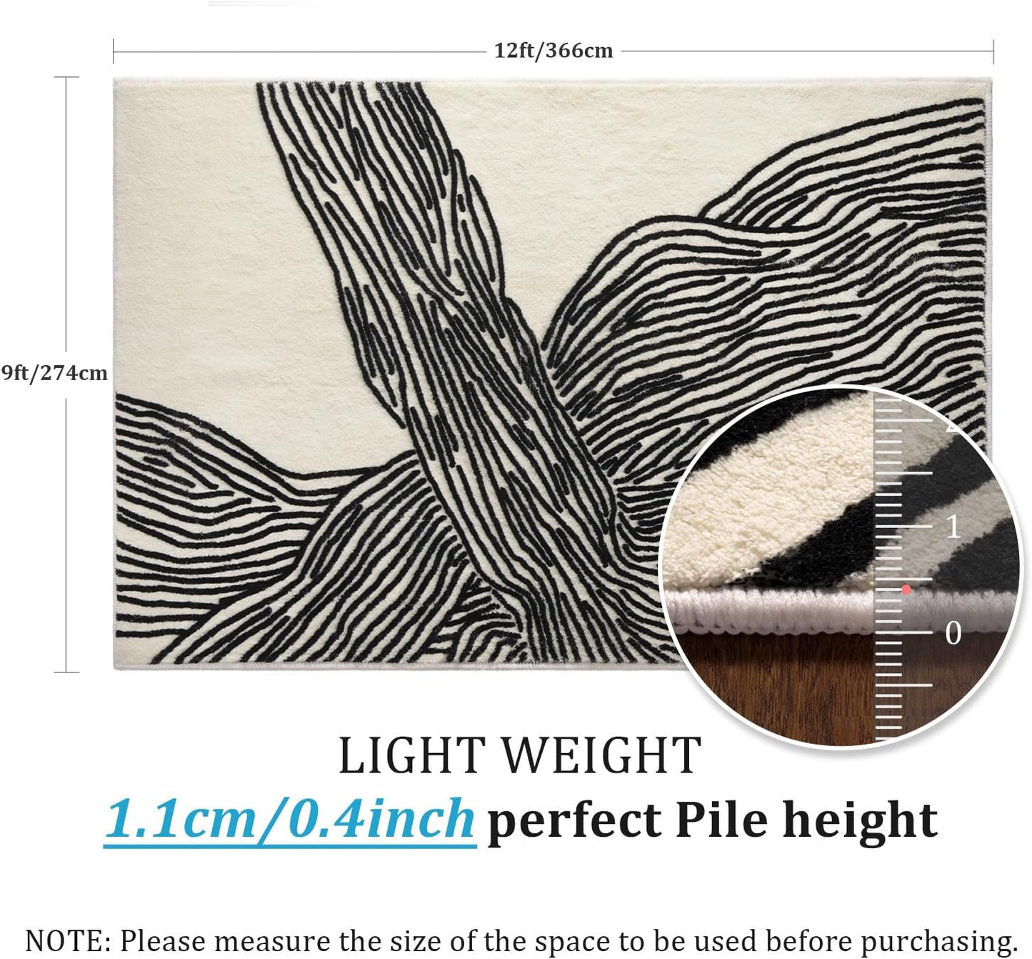 YIHOUSE 9×12 Ft Washable Rug, Black and White Abstract Area Rug for Bedroom, Living Room, Dining Room, Office, Playroom, Nursery, Ultra Thin Nonslip Modern Large Rugs Soft Contemporary Striped Rugs