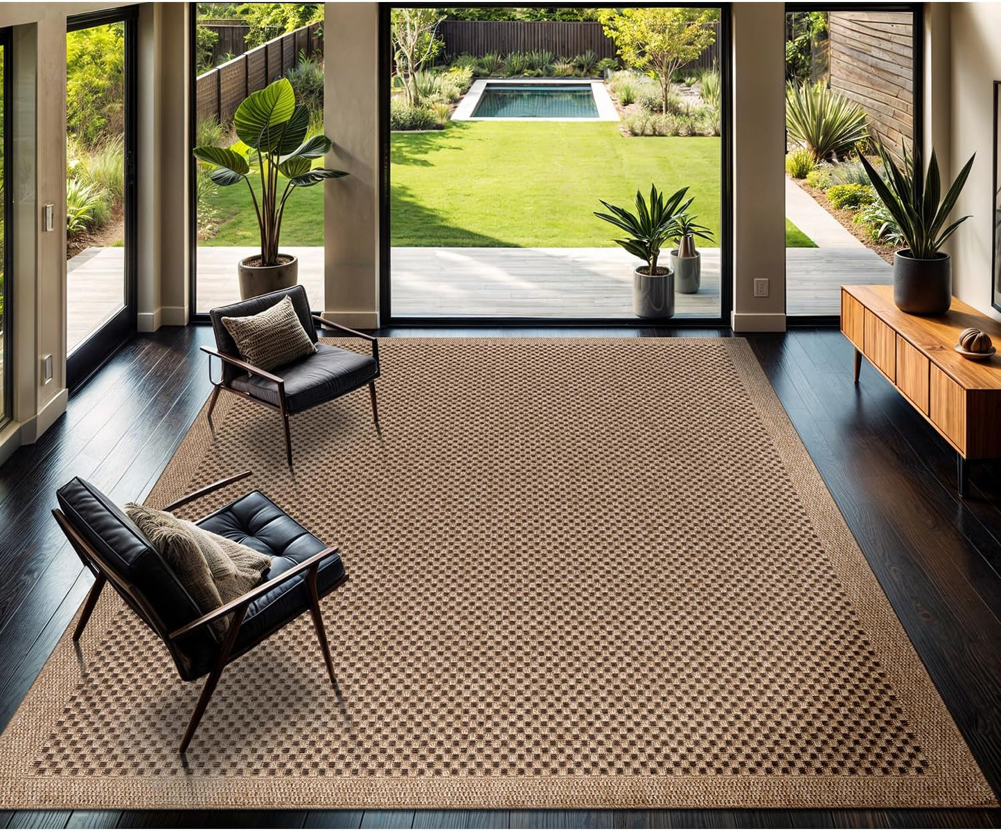 CAMILSON Easy Jute Rug 10x14, Indoor Outdoor Natural Color Fiber Area Rugs for Living Room Patio and Kitchen Rug Herringbone Woven Design Easy-Cleaning Washable Outside Carpet Alfombras 10 x 14
