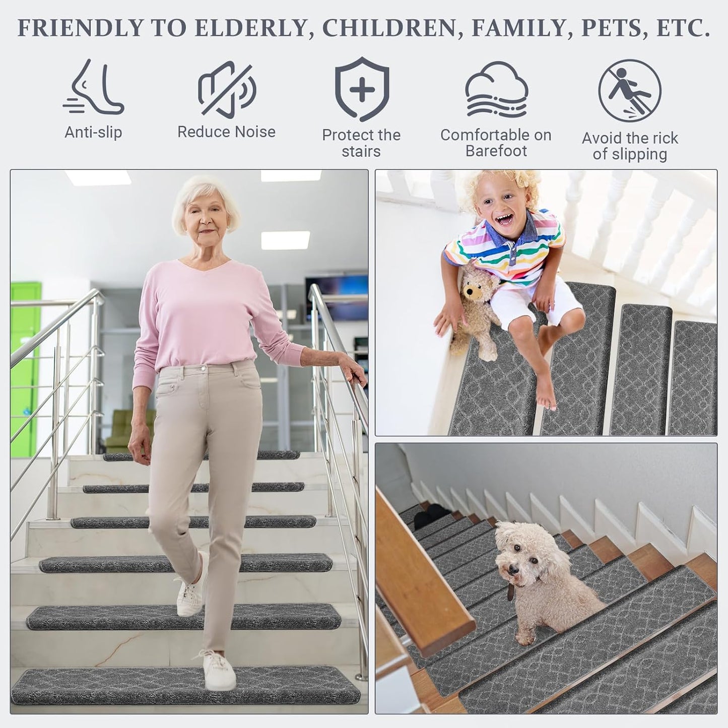 Bullnose Carpet Stair Treads, Stairs Carpet Non Slip 15 Pack, Stair Step Rugs 30"x9.5"x1.2", Soft, Reusable, Peel and Stick Stair Treads for Wooden Steps Indoor (Grey, Diamond Pattern)