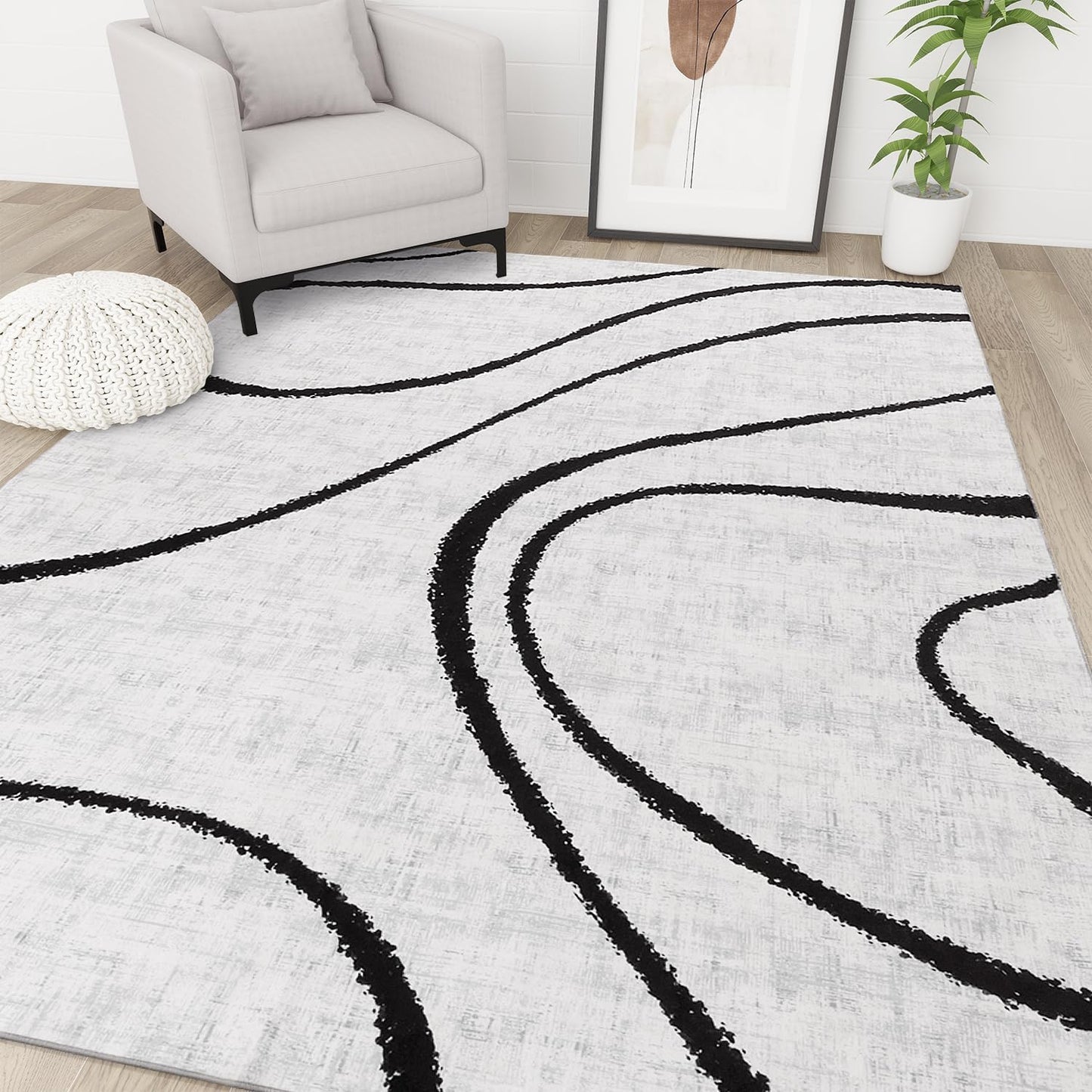 YIHOUSE 9×12 Ft Washable Rug, Black and White Abstract Area Rug for Bedroom, Living Room, Dining Room, Office, Playroom, Nursery, Ultra Thin Nonslip Modern Large Rugs Soft Contemporary Striped Rugs