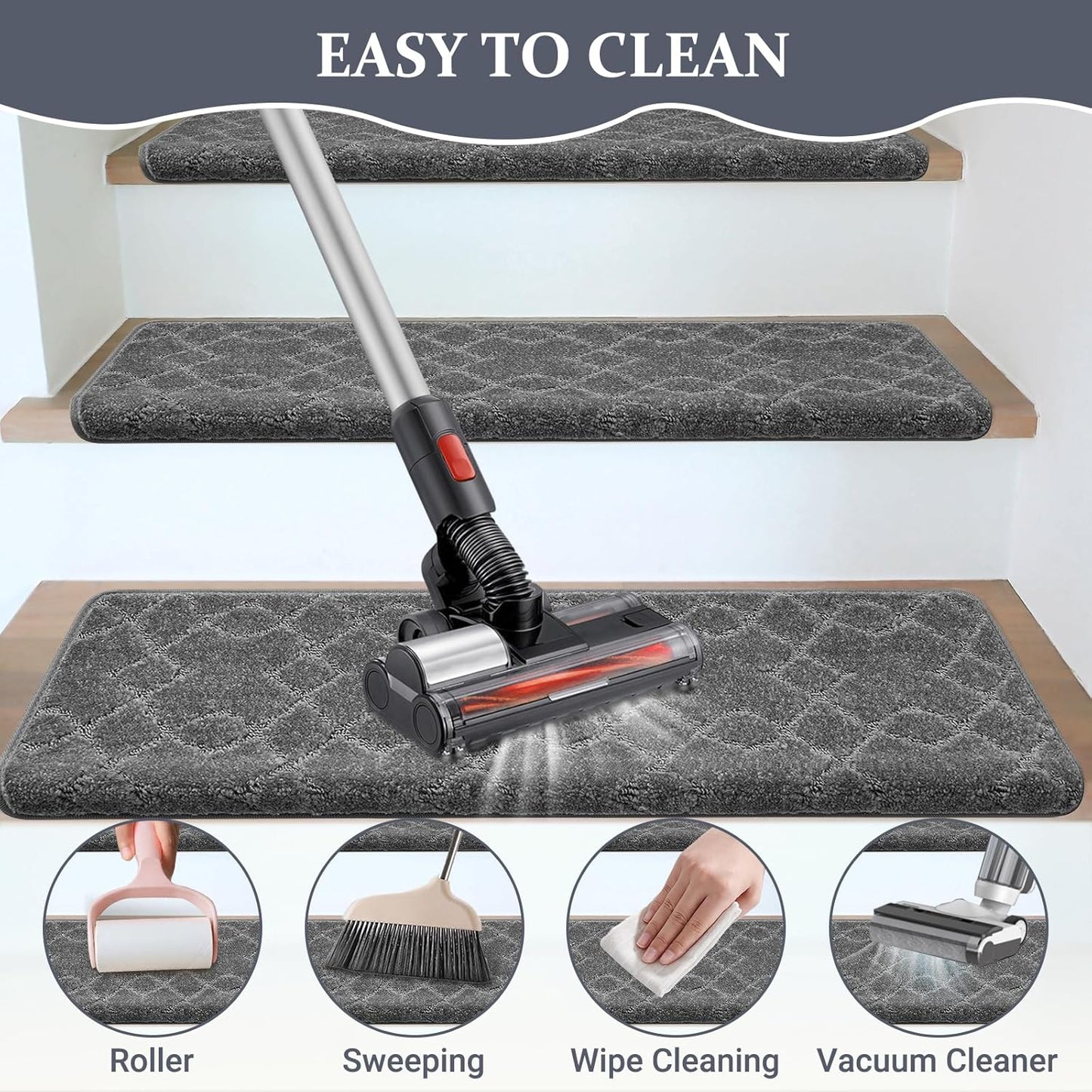 Bullnose Carpet Stair Treads, Stairs Carpet Non Slip 15 Pack, Stair Step Rugs 30"x9.5"x1.2", Soft, Reusable, Peel and Stick Stair Treads for Wooden Steps Indoor (Grey, Diamond Pattern)