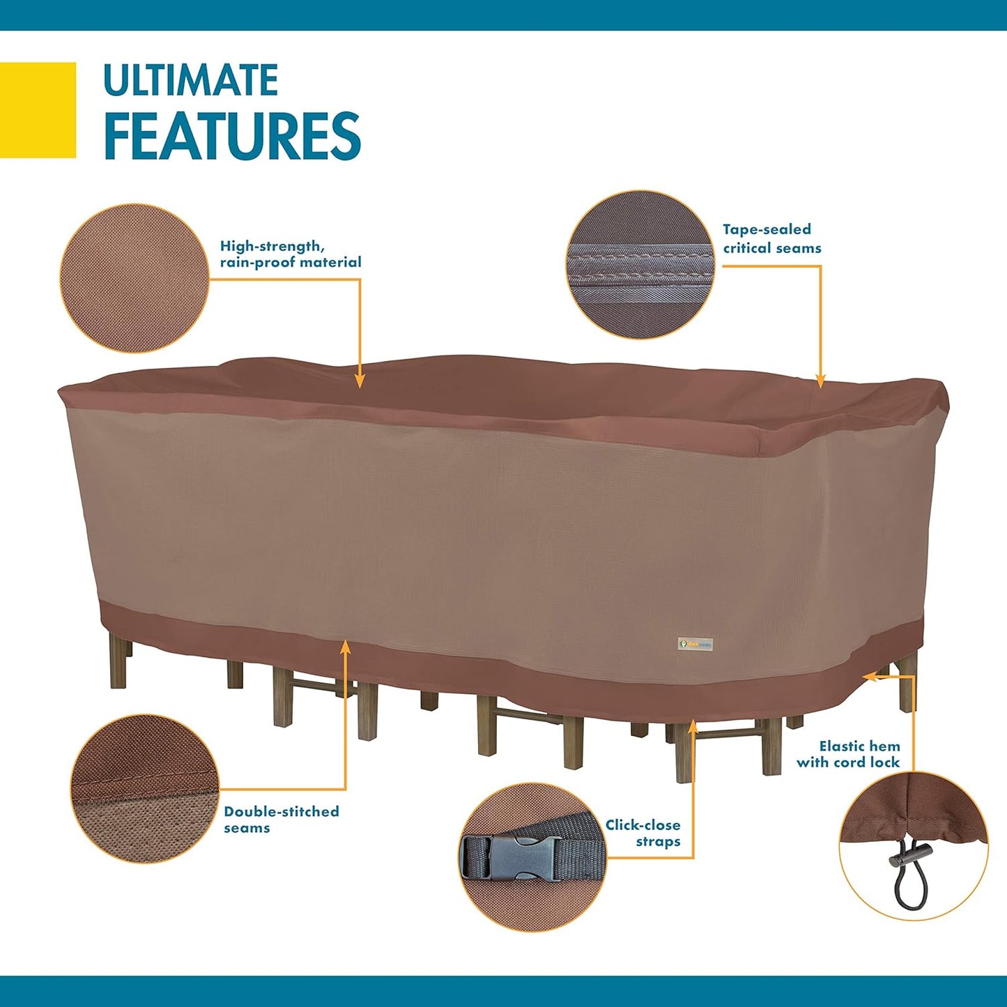 DUCKCOVERS Ultimate Waterproof Rectangular/Oval Patio Table with Chairs Cover, 125 Inch