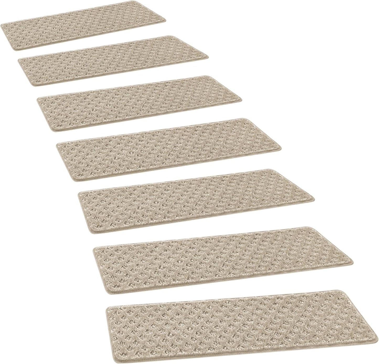 PURE ERA Bullnose Carpet Stair Treads Tape Free Non-Slip Indoor Stair Protectors Pet Friendly Stair Treads for Wooden Steps 9.5" x 30"(14 Pieces, Cream Gray Diamond Trellis)