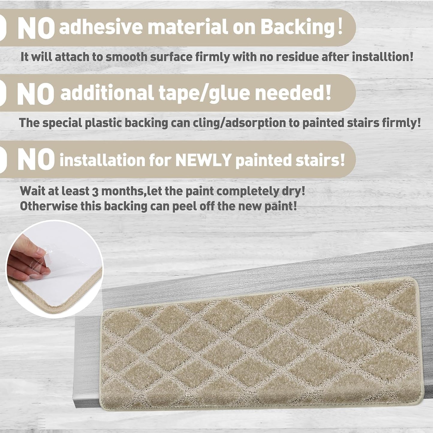 PURE ERA Bullnose Carpet Stair Treads Tape Free Non-Slip Indoor Stair Protectors Pet Friendly Stair Treads for Wooden Steps 9.5" x 30"(14 Pieces, Cream Gray Diamond Trellis)