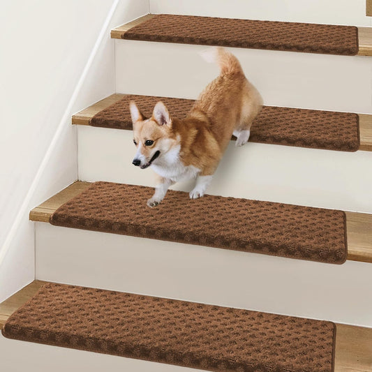 Bullnose Stair Treads Non Slip 9.5" x 32", 14 Pcs Carpet Stair Treads for Wooden Steps Indoor with Edge Protection, Reusable Peel and Stick TPU Backing Stair Runner Rugs - Lattice Pattern Brown