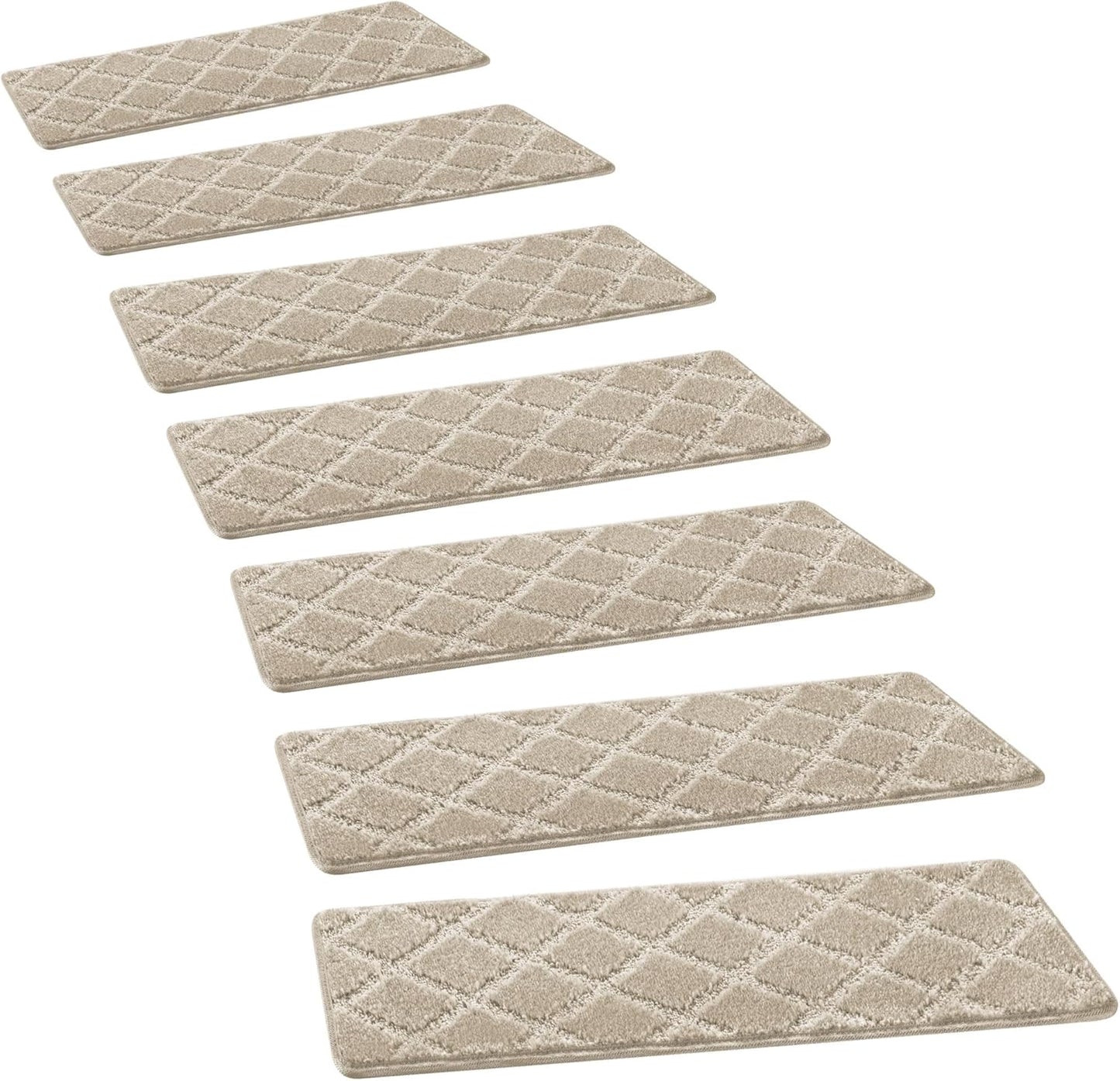 PURE ERA Bullnose Carpet Stair Treads Tape Free Non-Slip Indoor Stair Protectors Pet Friendly Stair Treads for Wooden Steps 9.5" x 30"(14 Pieces, Cream Gray Diamond Trellis)