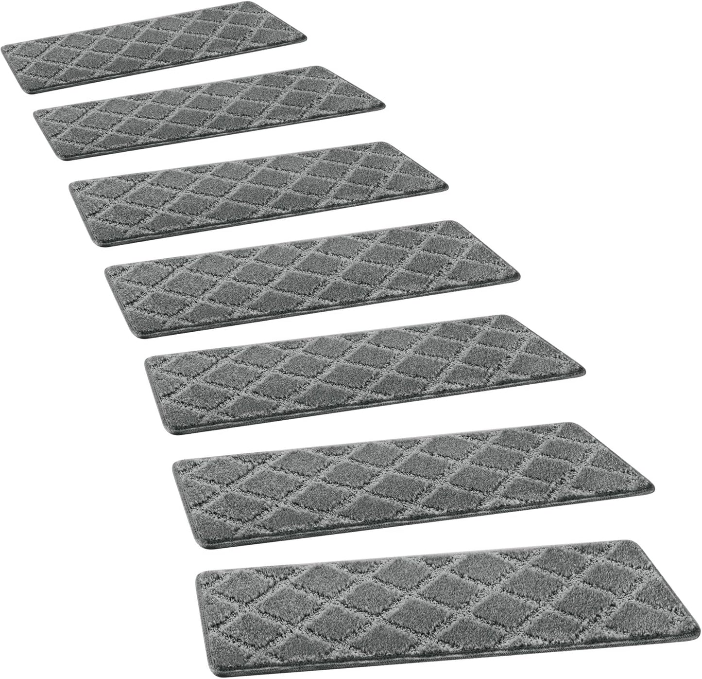 PURE ERA Bullnose Carpet Stair Treads Tape Free Non-Slip Indoor Stair Protectors Pet Friendly Stair Treads for Wooden Steps 9.5" x 30"(14 Pieces, Cream Gray Diamond Trellis)