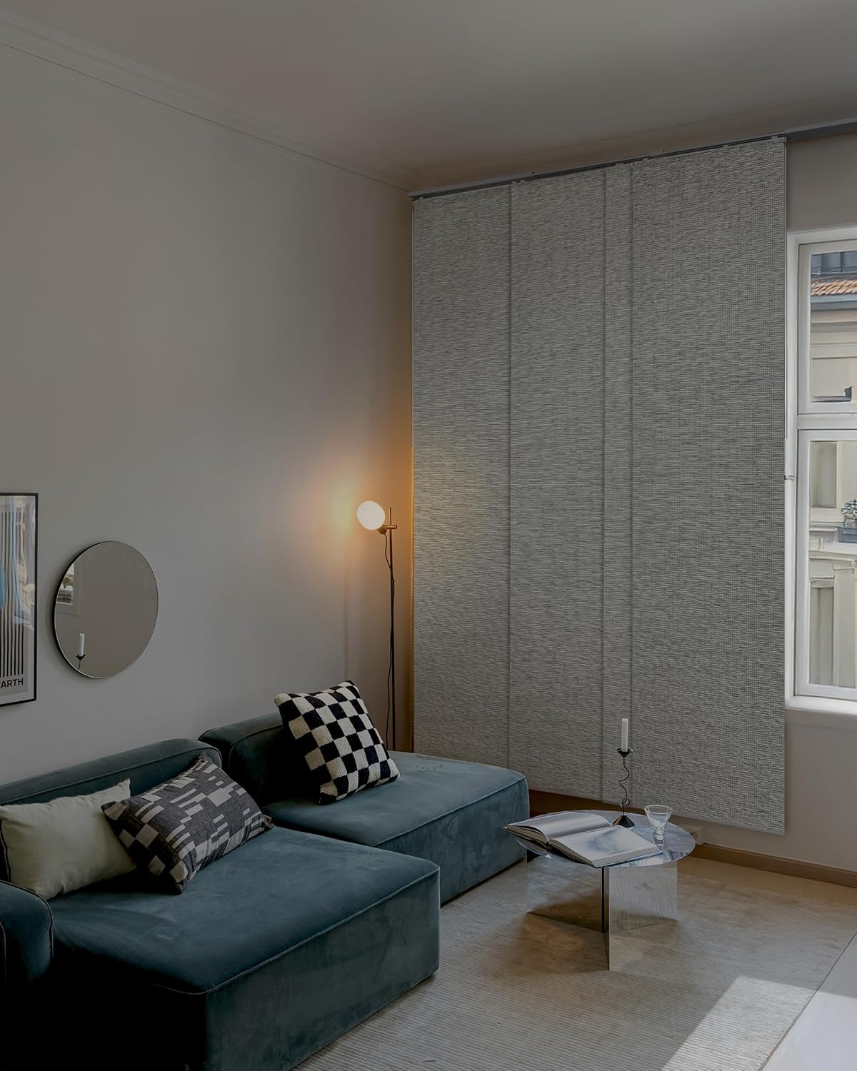 GoDear Design 99.99% Blackout Adjustable Sliding Vertical Blinds for Windows, Privacy Shades for Patio Doors, Extendable Track from 45.8" to 86" W, Trimmable Panel Curtains Up to 96" H, Inky