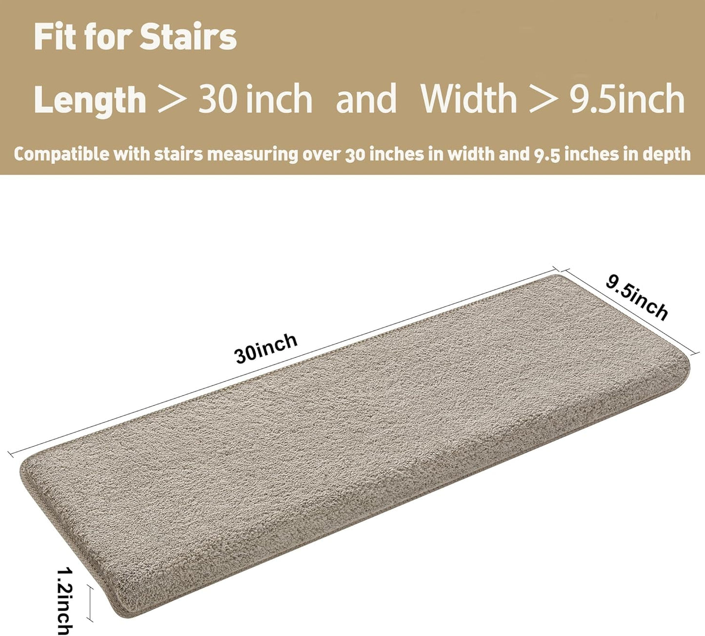 PURE ERA Carpet Stair Treads Ultra Plush 9.5" X 30"Soft Bullnose Indoor Stair Protectors Pet-Friendly Non-Slip Skid Resistant Tape Free Washable Reusable(14 Pieces, Cream Gray)