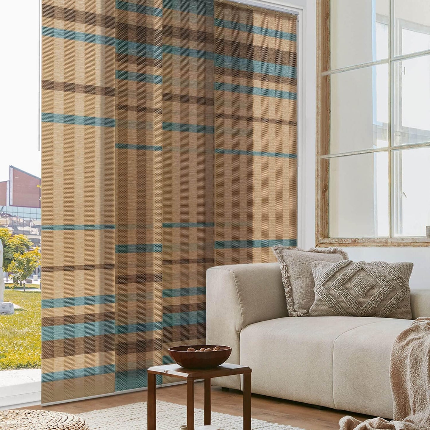 GoDear Design Adjustable Sliding Panel Track Blinds for Doors 45.8"- 86" W x 96" H, Extendable Vertical Blinds for Sliding Glass Doors, Trimmable Natural Woven Fabric Vertical Shades, Dusty Miller
