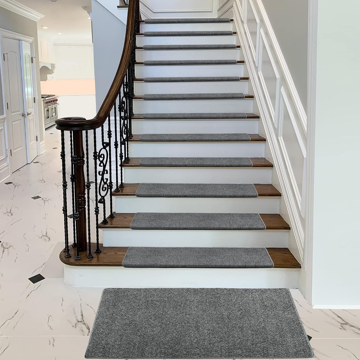 PURE ERA Bullnose Carpet Stair Treads Set Tape Free Non-Slip Indoor Stair Protectors Pet Friendly Rugs Covers Soft Skid Resistant Washable Reusable 9.5" x 30"(14 Pieces,Dark Gray)