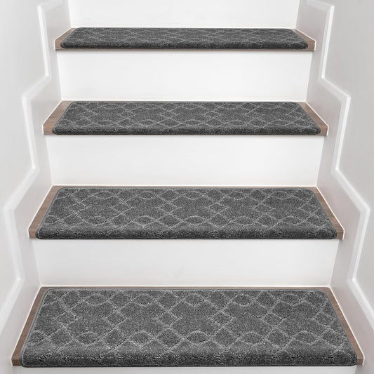 Bullnose Carpet Stair Treads, Stairs Carpet Non Slip 15 Pack, Stair Step Rugs 30"x9.5"x1.2", Soft, Reusable, Peel and Stick Stair Treads for Wooden Steps Indoor (Grey, Diamond Pattern)
