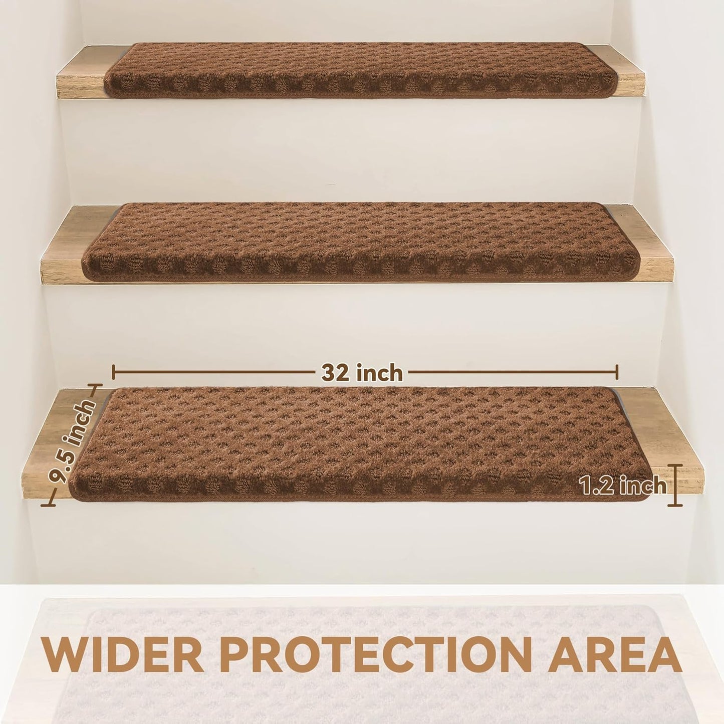 Bullnose Stair Treads Non Slip 9.5" x 32", 14 Pcs Carpet Stair Treads for Wooden Steps Indoor with Edge Protection, Reusable Peel and Stick TPU Backing Stair Runner Rugs - Lattice Pattern Brown