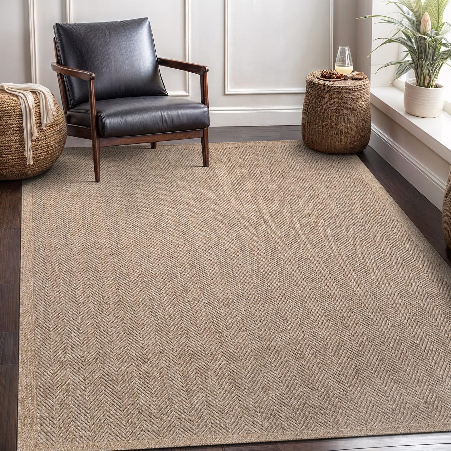 CAMILSON Easy Jute Rug 10x14, Indoor Outdoor Natural Color Fiber Area Rugs for Living Room Patio and Kitchen Rug Herringbone Woven Design Easy-Cleaning Washable Outside Carpet Alfombras 10 x 14