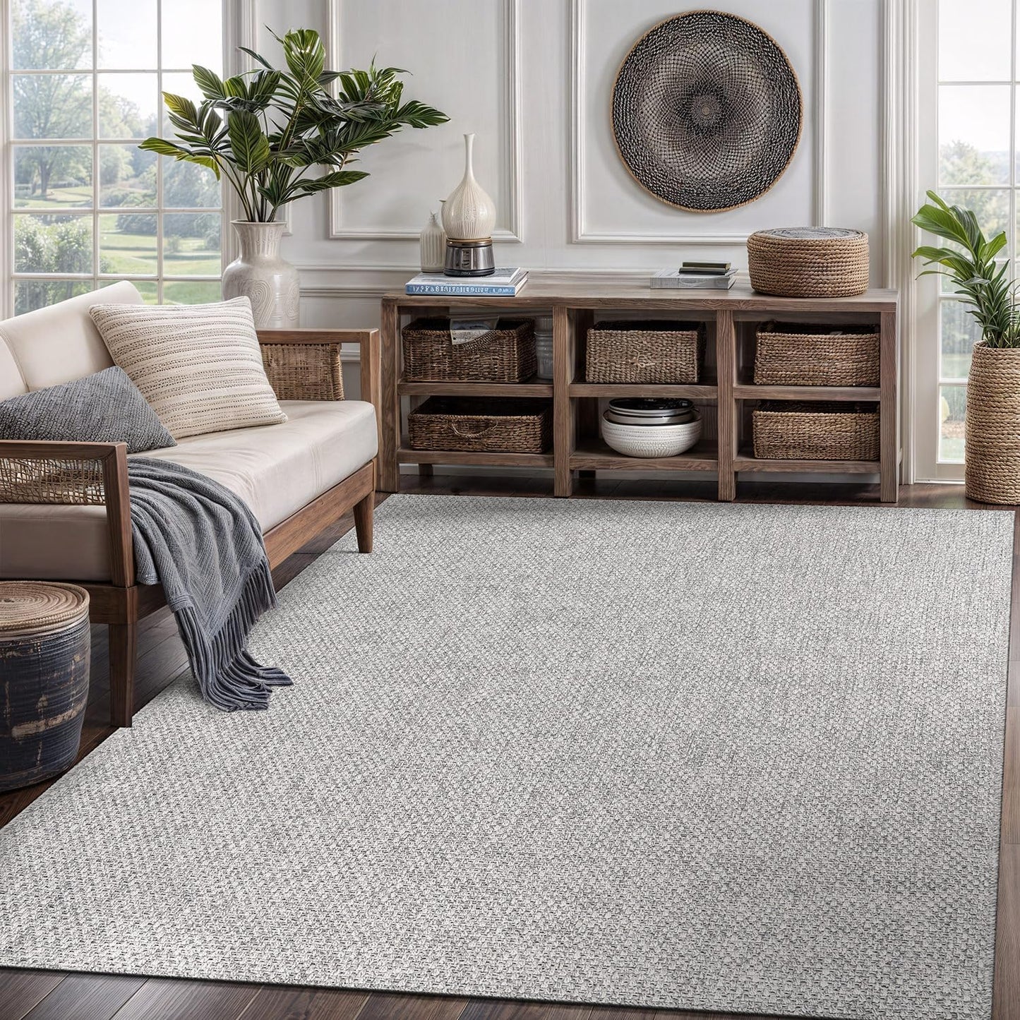 CAMILSON Easy Jute Rug 10x14, Indoor Outdoor Natural Color Fiber Area Rugs for Living Room Patio and Kitchen Rug Herringbone Woven Design Easy-Cleaning Washable Outside Carpet Alfombras 10 x 14