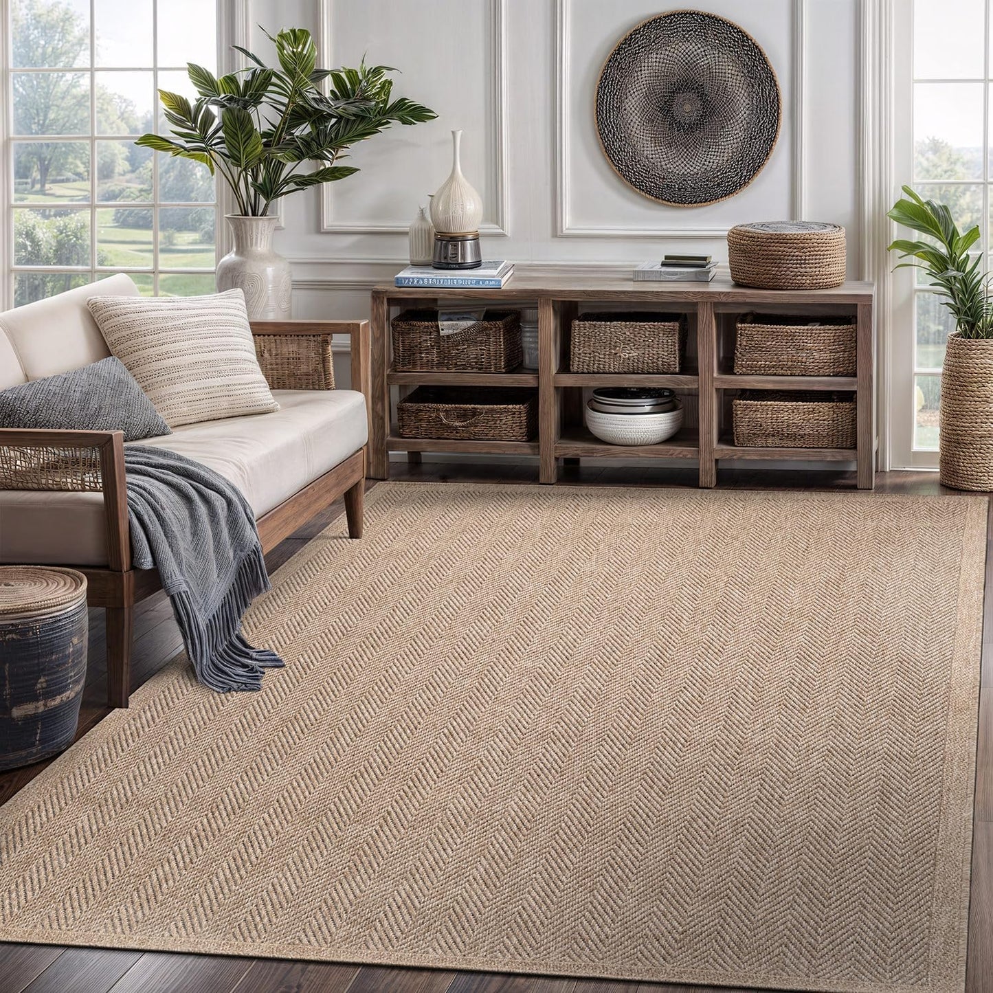 CAMILSON Easy Jute Rug 10x14, Indoor Outdoor Natural Color Fiber Area Rugs for Living Room Patio and Kitchen Rug Herringbone Woven Design Easy-Cleaning Washable Outside Carpet Alfombras 10 x 14