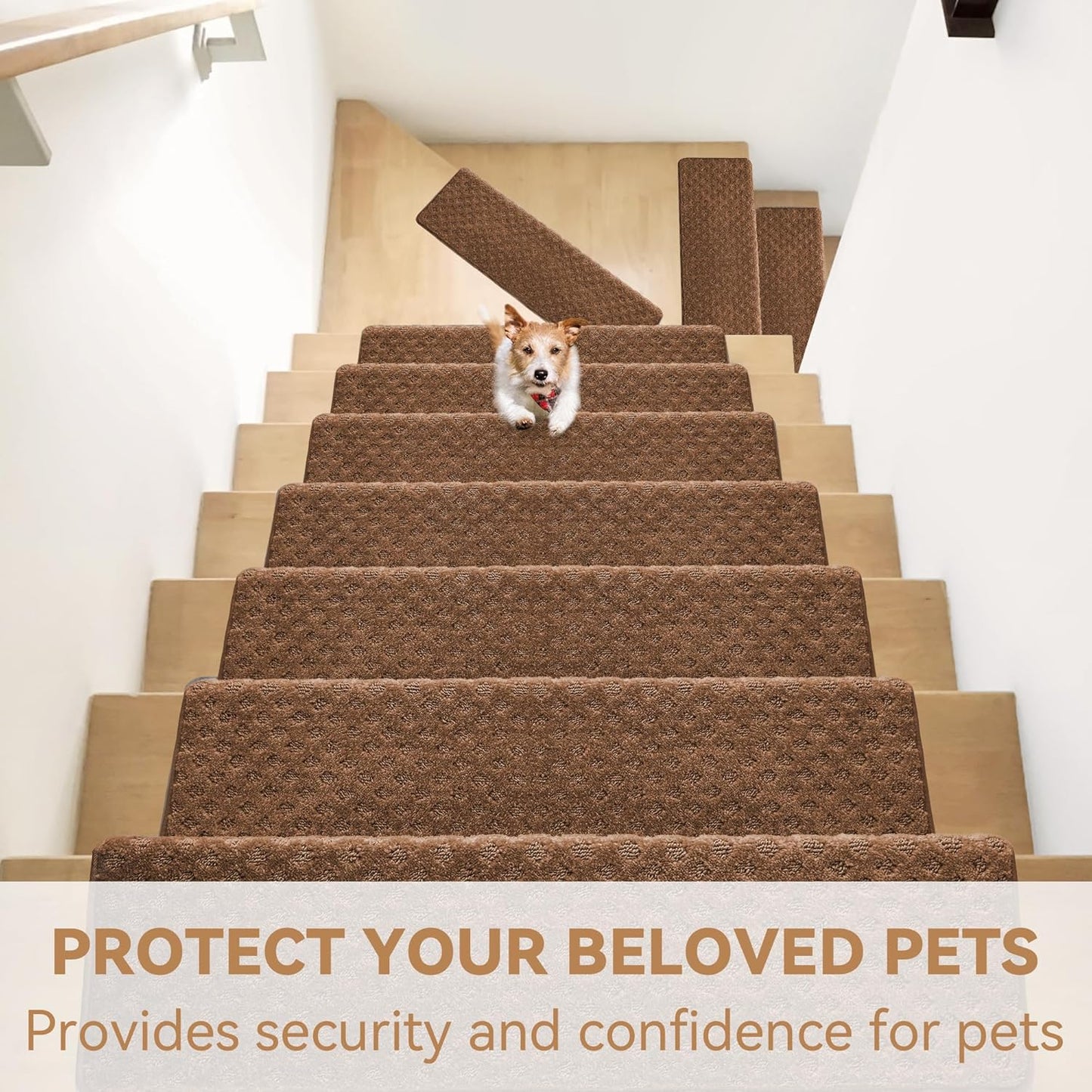 Bullnose Stair Treads Non Slip 9.5" x 32", 14 Pcs Carpet Stair Treads for Wooden Steps Indoor with Edge Protection, Reusable Peel and Stick TPU Backing Stair Runner Rugs - Lattice Pattern Brown