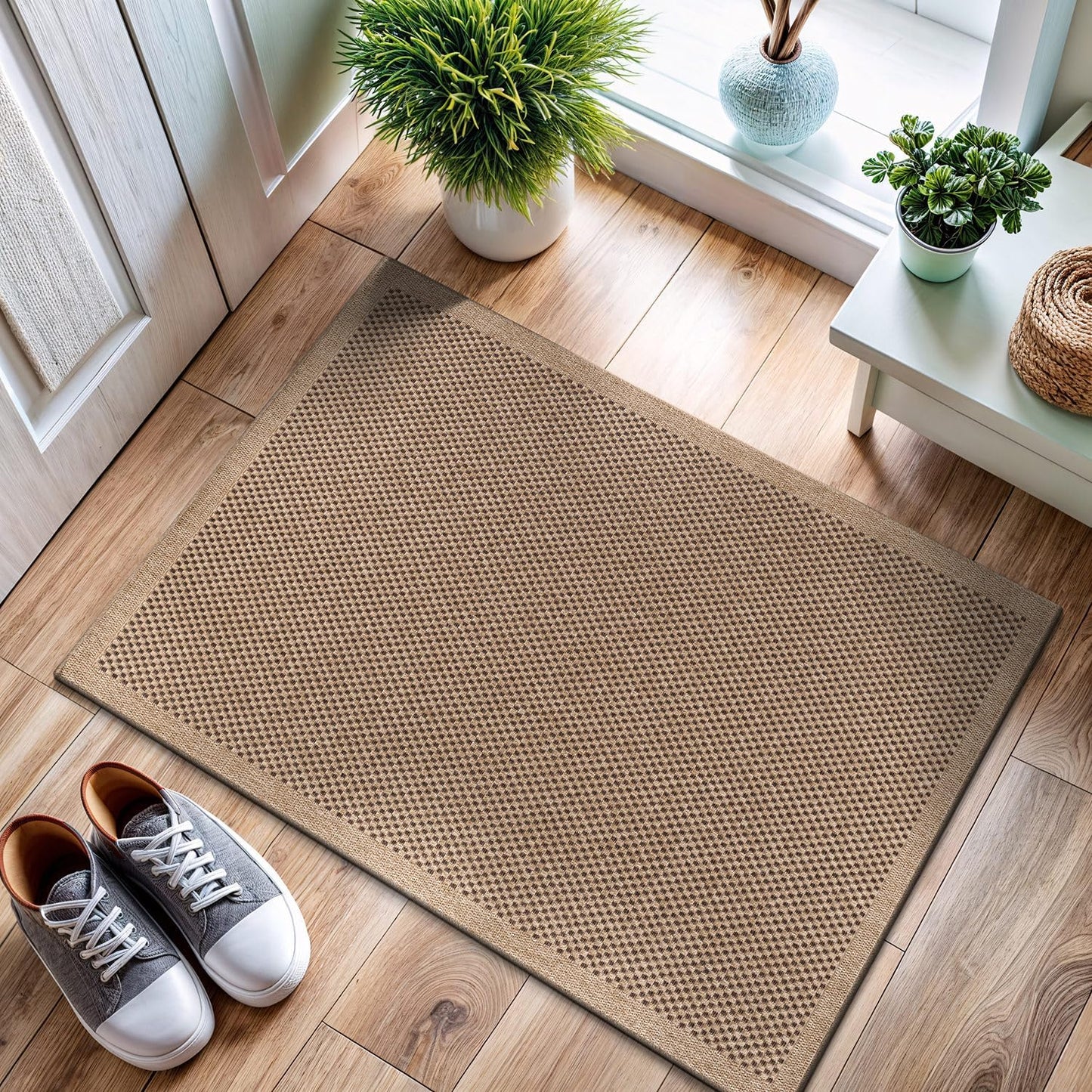 CAMILSON Easy Jute Rug 10x14, Indoor Outdoor Natural Color Fiber Area Rugs for Living Room Patio and Kitchen Rug Herringbone Woven Design Easy-Cleaning Washable Outside Carpet Alfombras 10 x 14