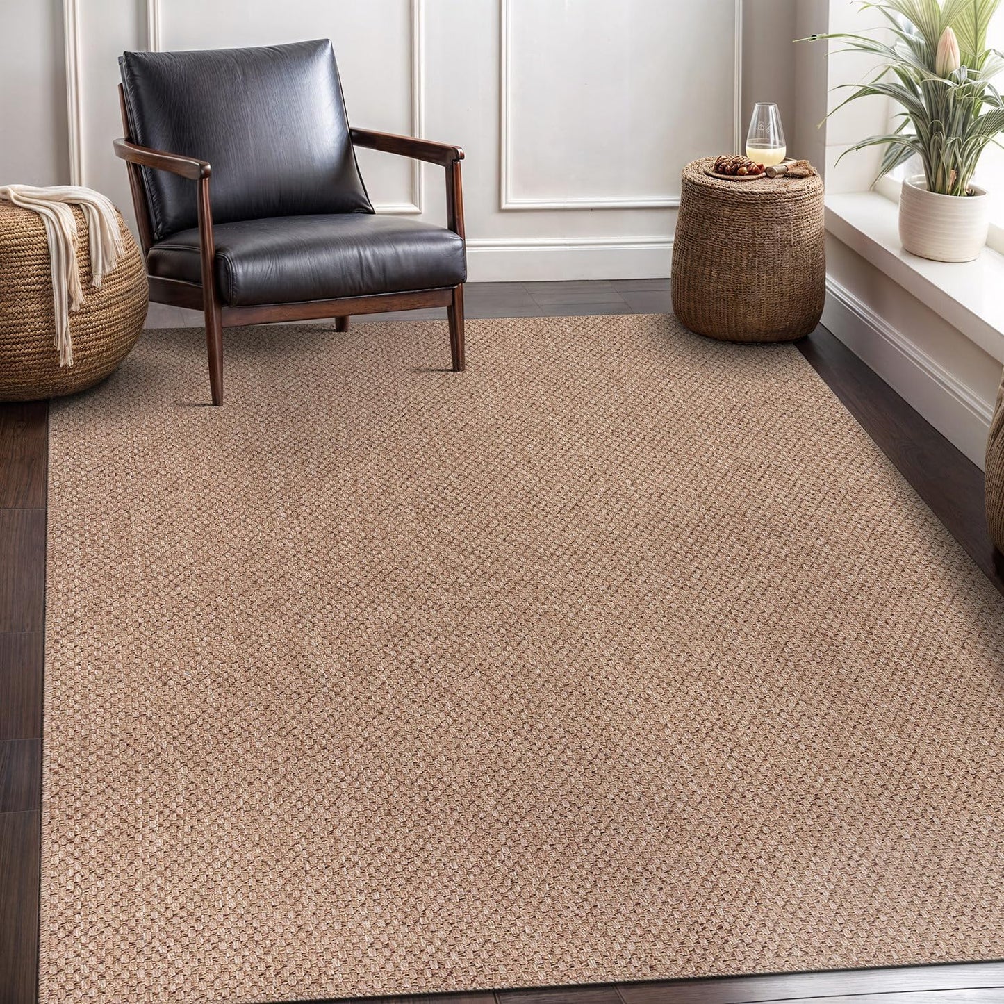 CAMILSON Easy Jute Rug 10x14, Indoor Outdoor Natural Color Fiber Area Rugs for Living Room Patio and Kitchen Rug Herringbone Woven Design Easy-Cleaning Washable Outside Carpet Alfombras 10 x 14