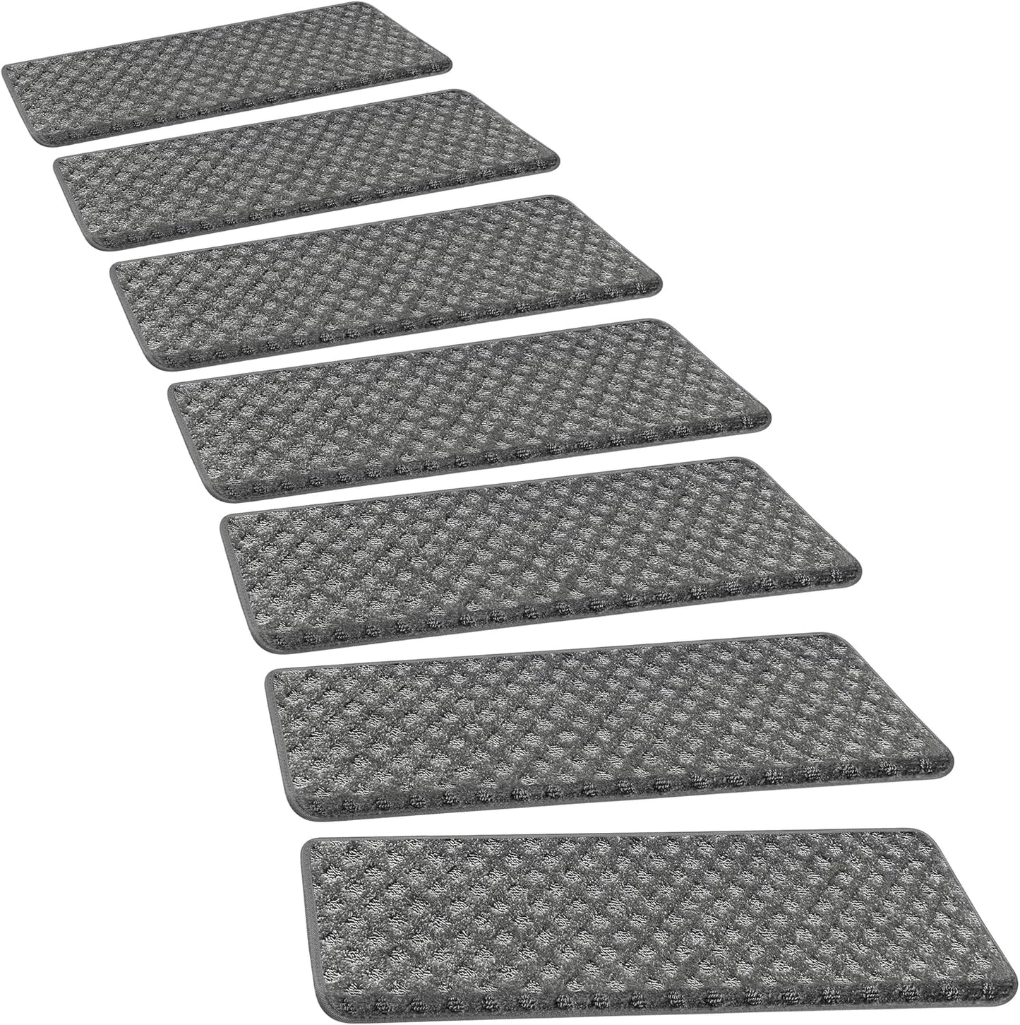 PURE ERA Bullnose Carpet Stair Treads Tape Free Non-Slip Indoor Stair Protectors Pet Friendly Stair Treads for Wooden Steps 9.5" x 30"(14 Pieces, Cream Gray Diamond Trellis)