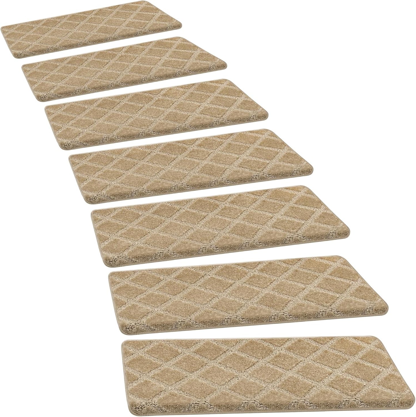 PURE ERA Bullnose Carpet Stair Treads Tape Free Non-Slip Indoor Stair Protectors Pet Friendly Stair Treads for Wooden Steps 9.5" x 30"(14 Pieces, Cream Gray Diamond Trellis)