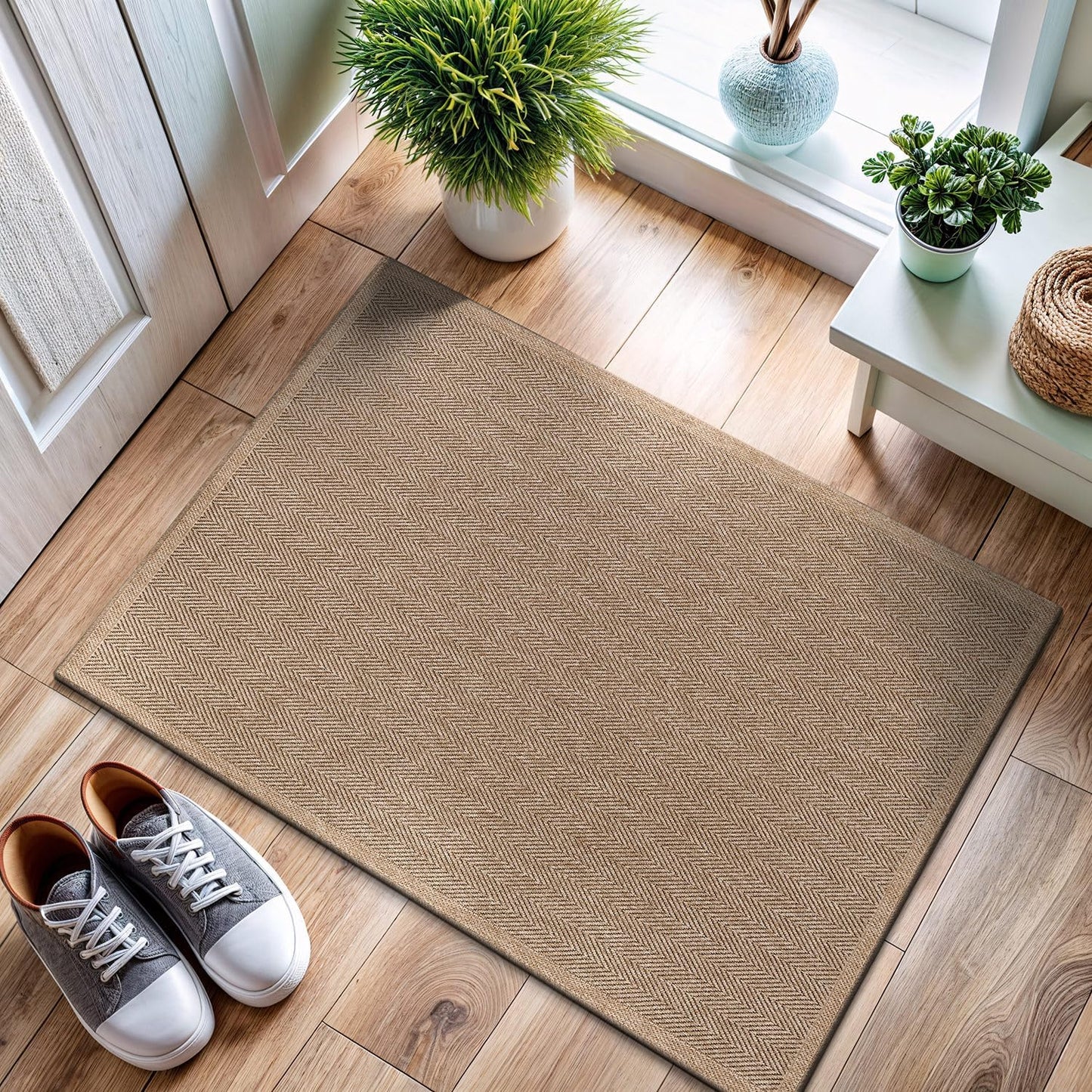 CAMILSON Easy Jute Rug 10x14, Indoor Outdoor Natural Color Fiber Area Rugs for Living Room Patio and Kitchen Rug Herringbone Woven Design Easy-Cleaning Washable Outside Carpet Alfombras 10 x 14