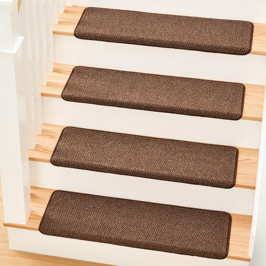 MBIGM Bullnose Non-Slip Stair Treads w/Reusable Adhesive 14 Pack 9.5" x 30" Wooden Steps Protection - TPU Backing with Steel Reinforcement - Anti-Slip Solution Knitted Brown Non Slip Stair Tread